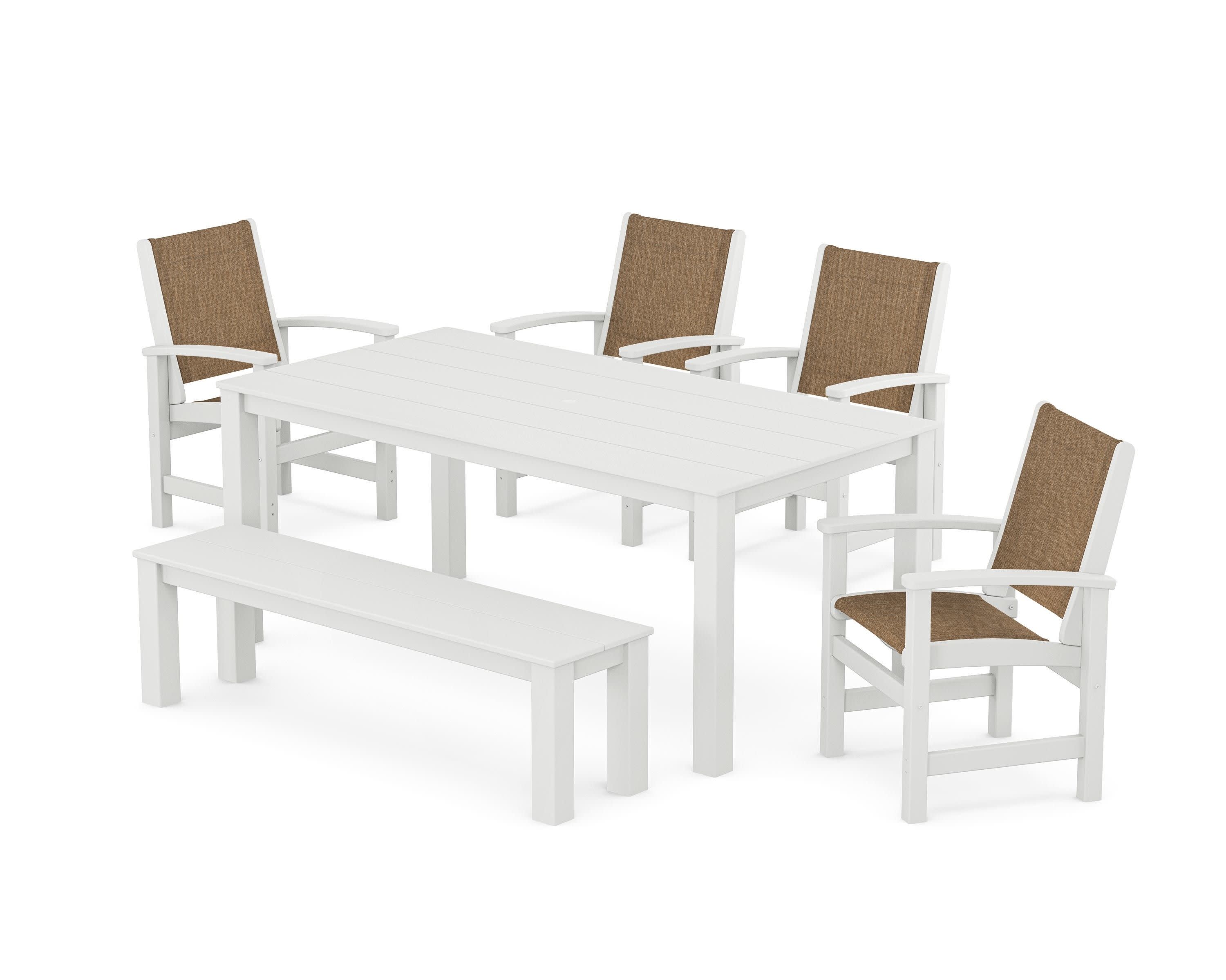 Coastal 6-Piece Parsons Dining Set with Bench in White / Burlap Sling