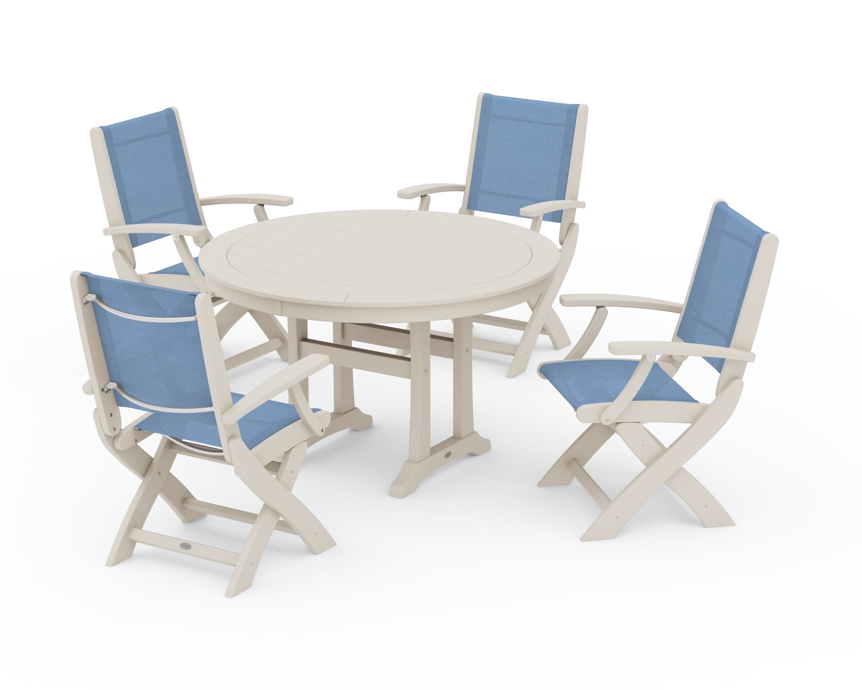 Coastal Folding Chair 5-Piece Round Dining Set with Trestle Legs in Sand / Poolside Sling