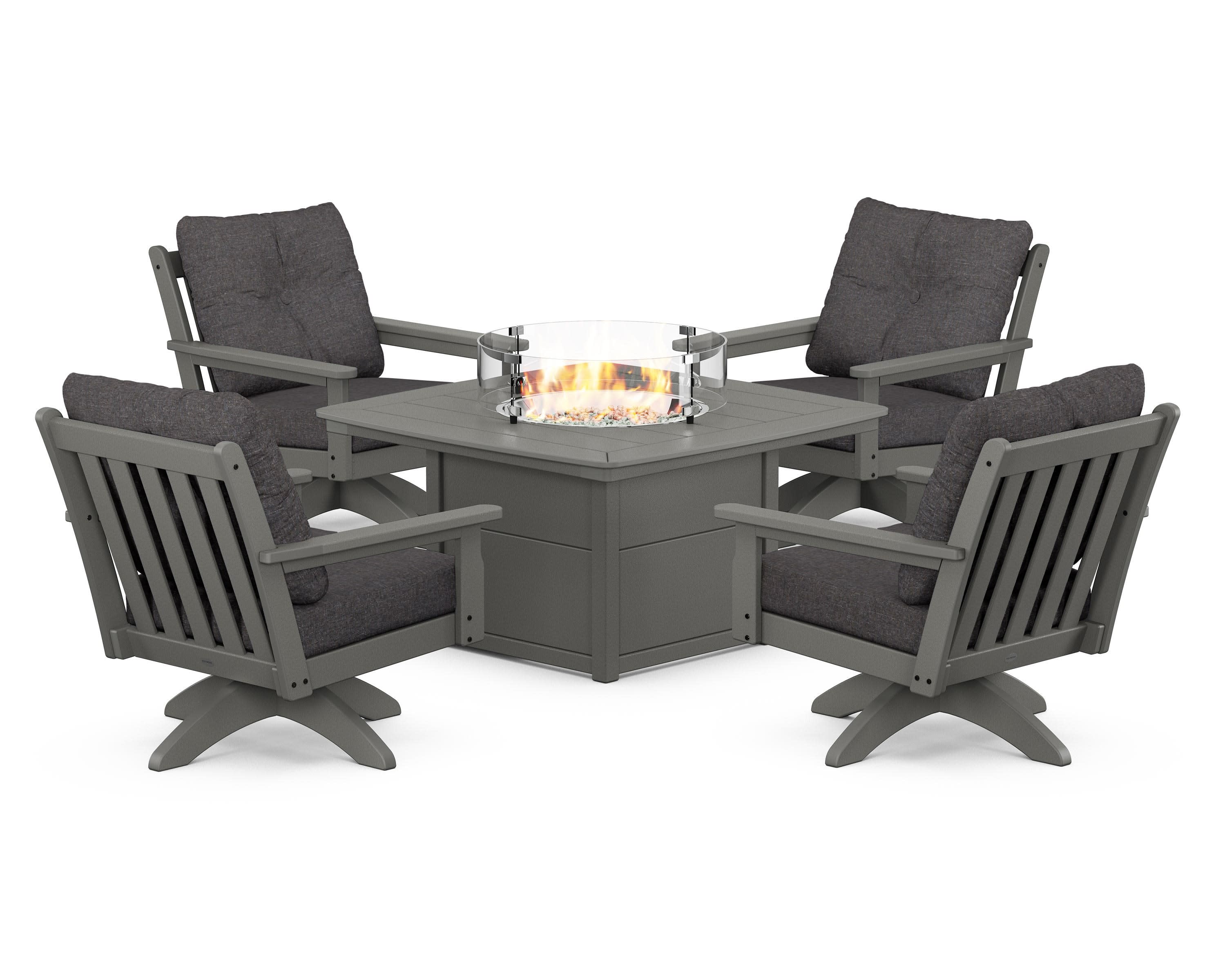 Vineyard 5-Piece Deep Seating Swivel Conversation Set with Fire Pit Table in Slate Grey / Ash Charcoal
