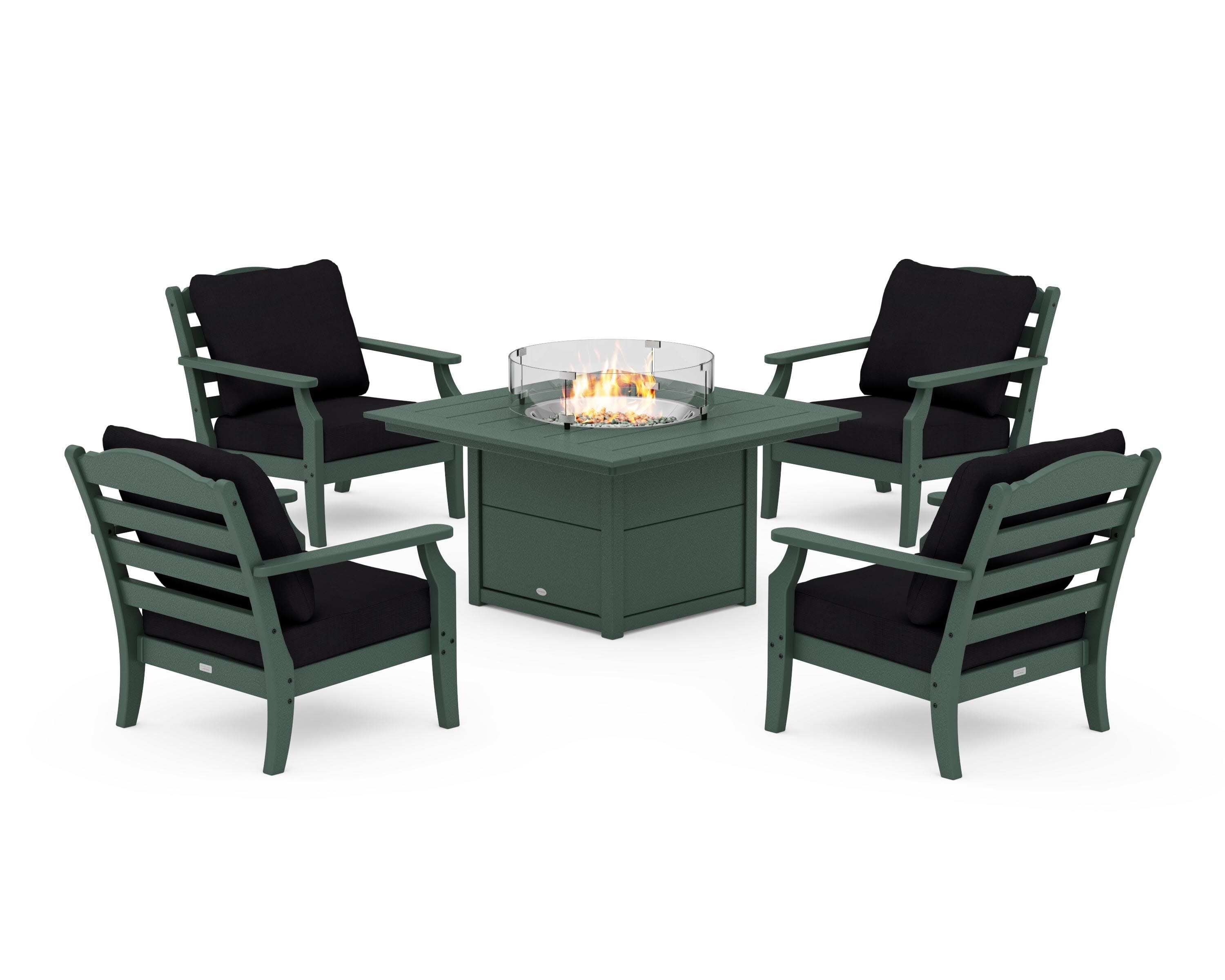 Savannah 5-Piece Deep Seating Set with Fire Pit Table in Green / Midnight Linen