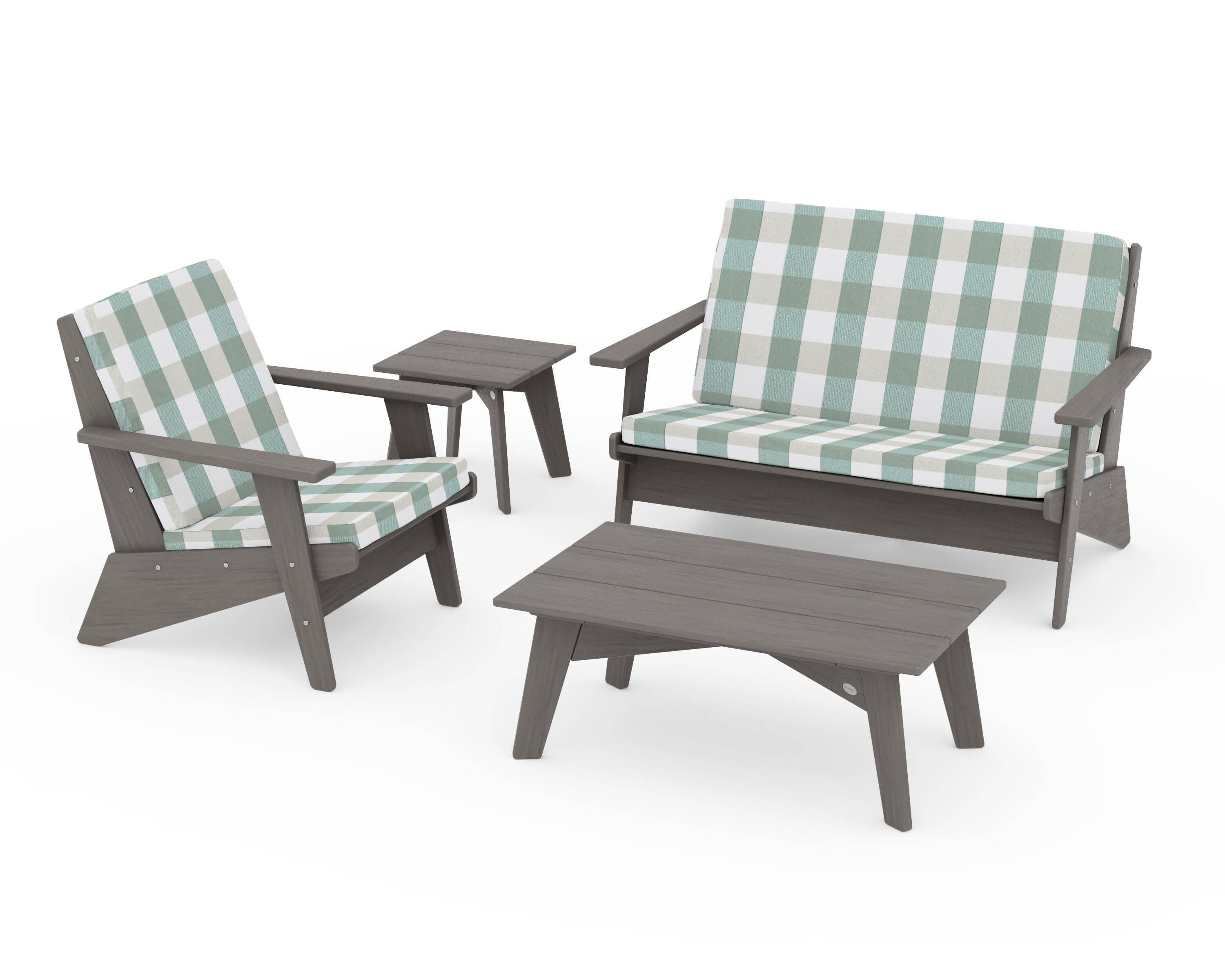 Riviera Modern Lounge 4-Piece Set in Driftwood / Buffalo Plaid Glacier Spa