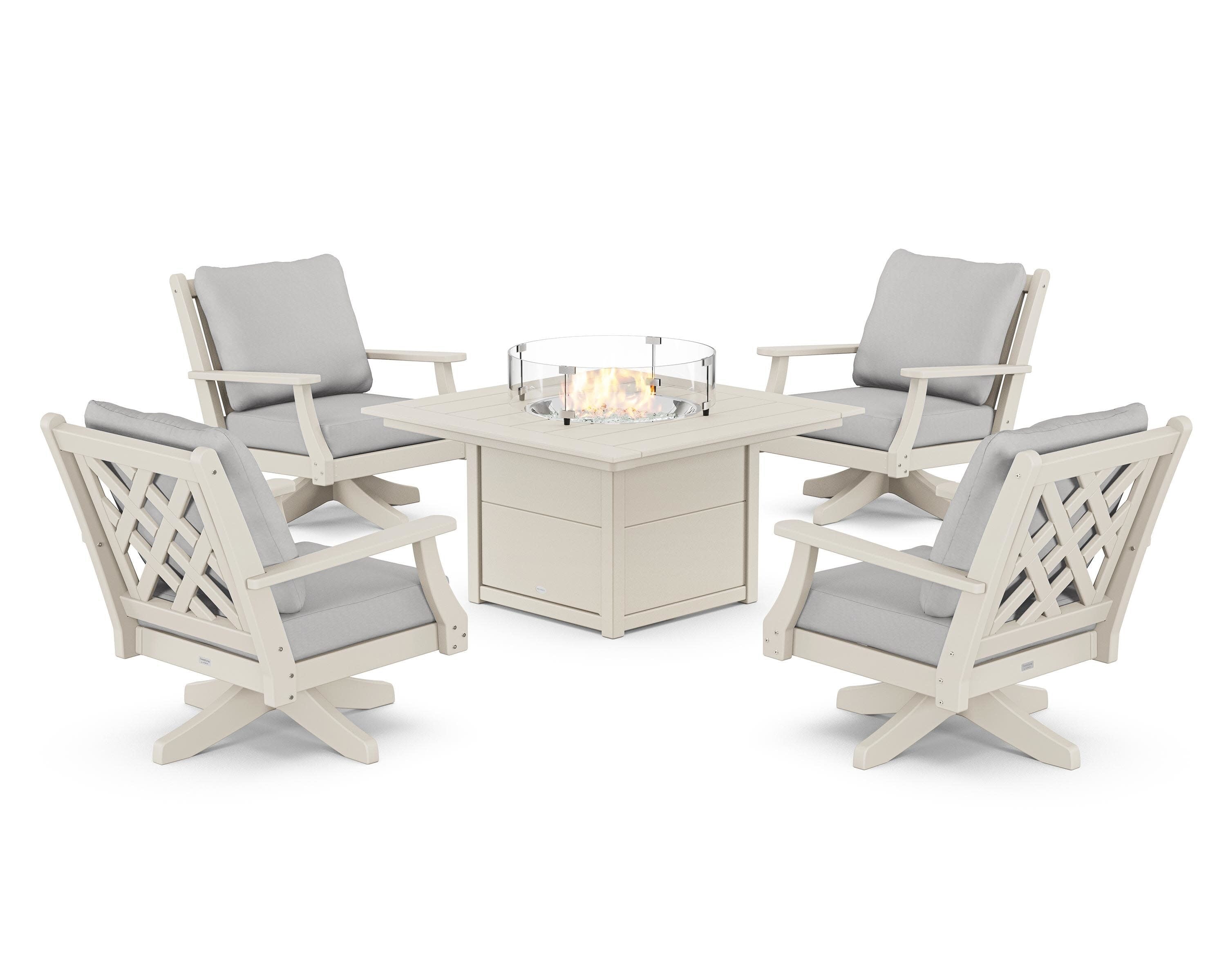 Wovendale 5-Piece Deep Seating Swivel Conversation Set with Fire Pit Table in Sand / Diamond in the Rough