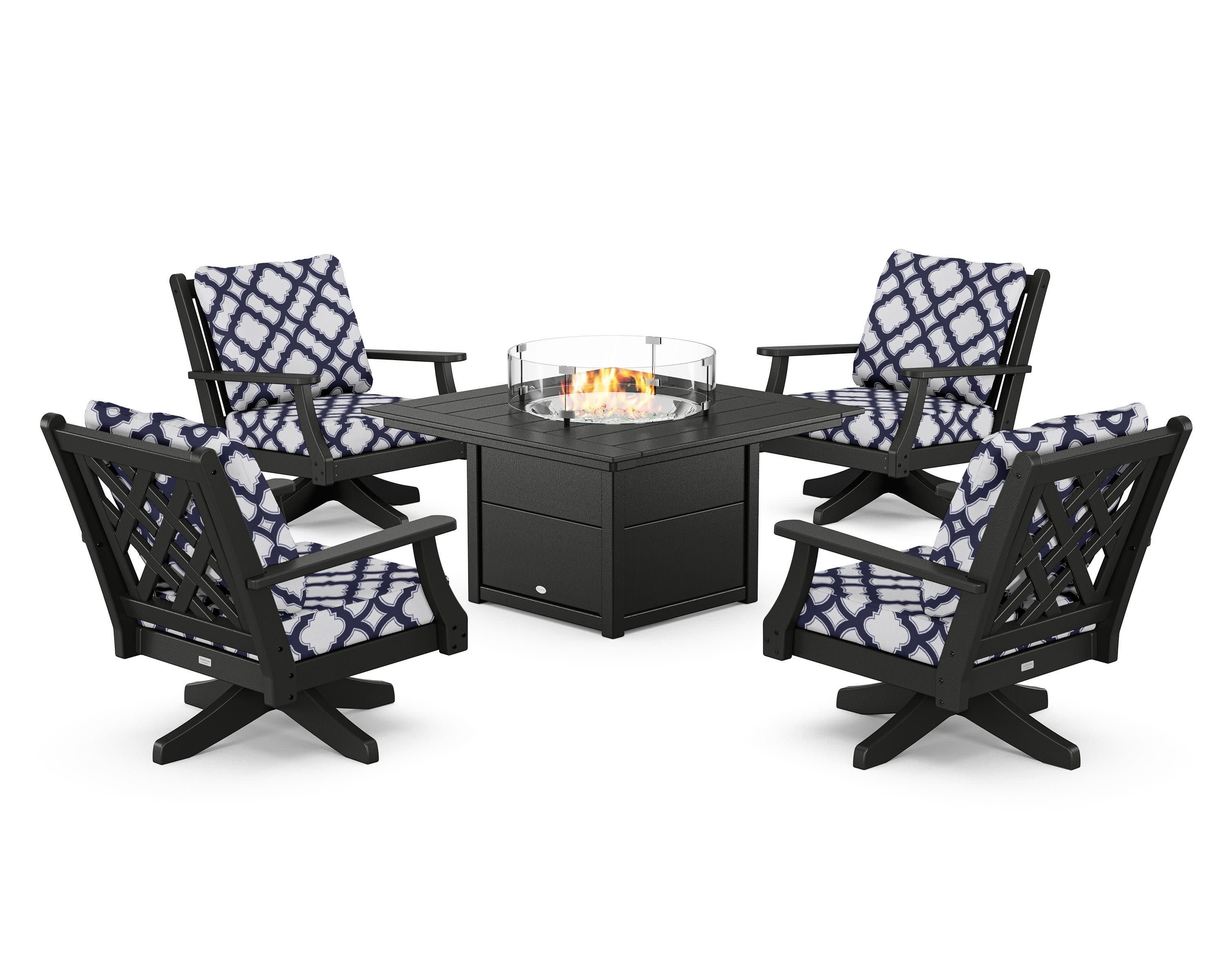 Wovendale 5-Piece Deep Seating Swivel Conversation Set with Fire Pit Table in Black / Trellis Navy