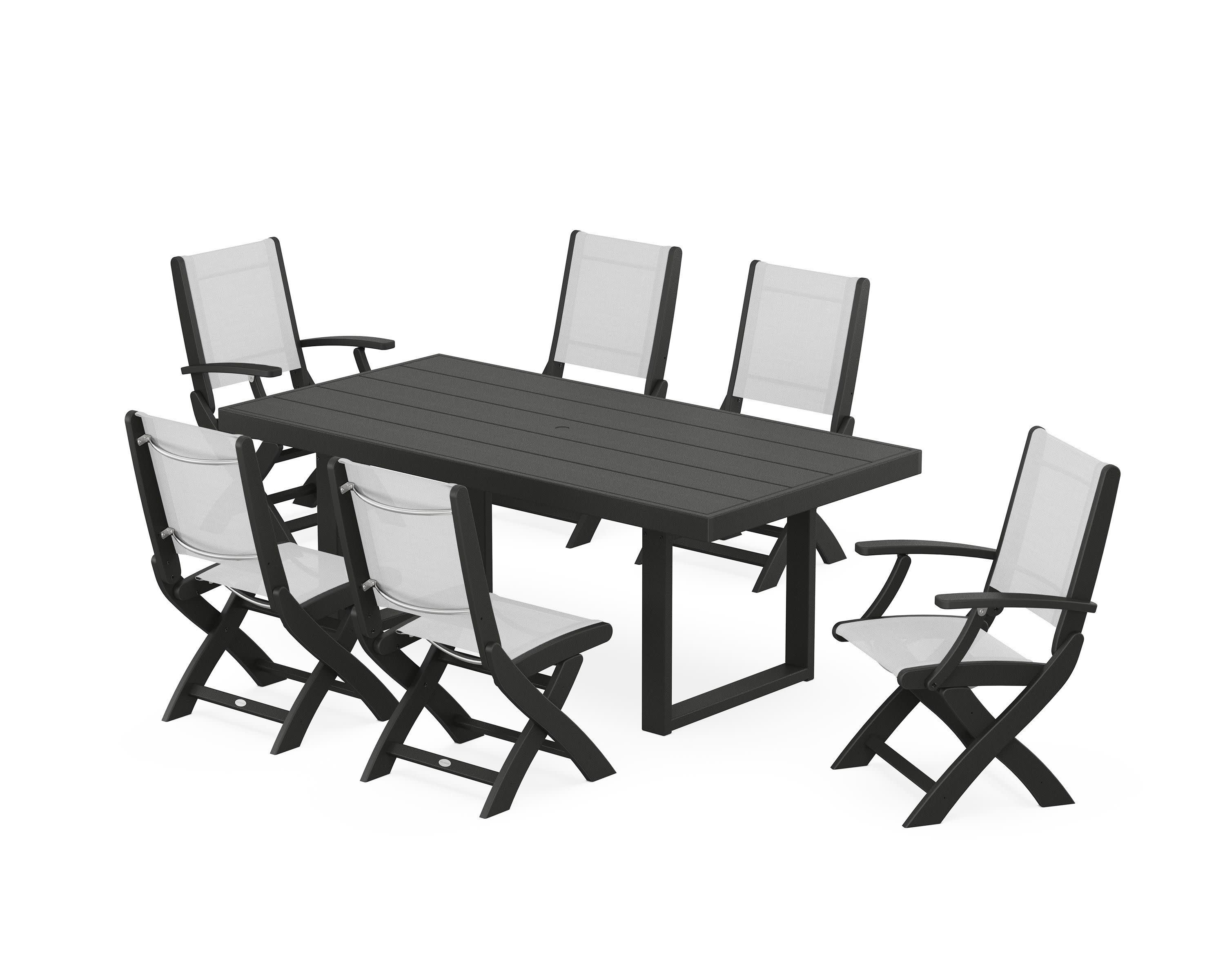 Coastal Folding Chair 7-Piece Dining Set with Trestle Legs in Black / White Sling
