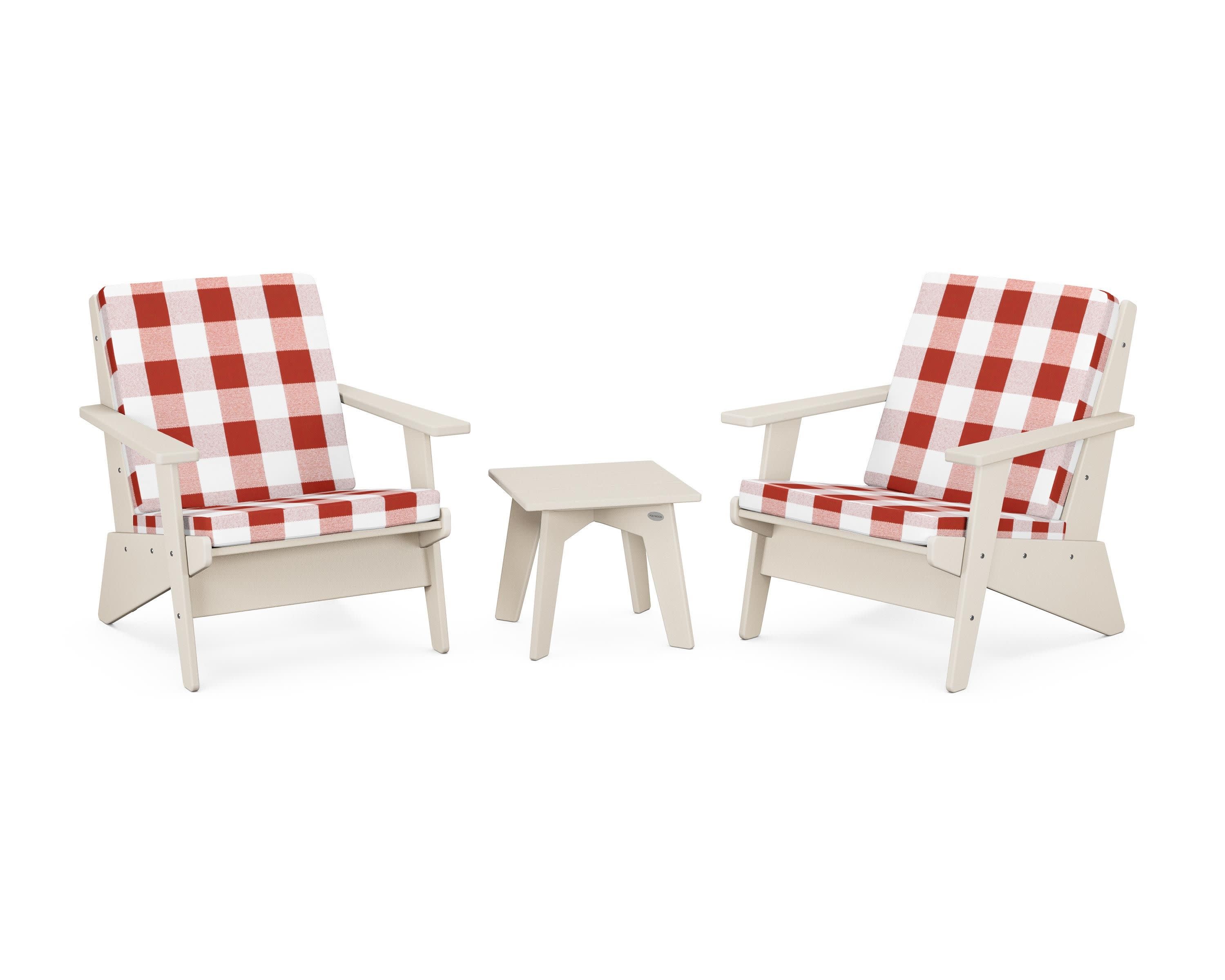 Riviera Modern Lounge 3-Piece Set in Sand / Buffalo Plaid Crimson