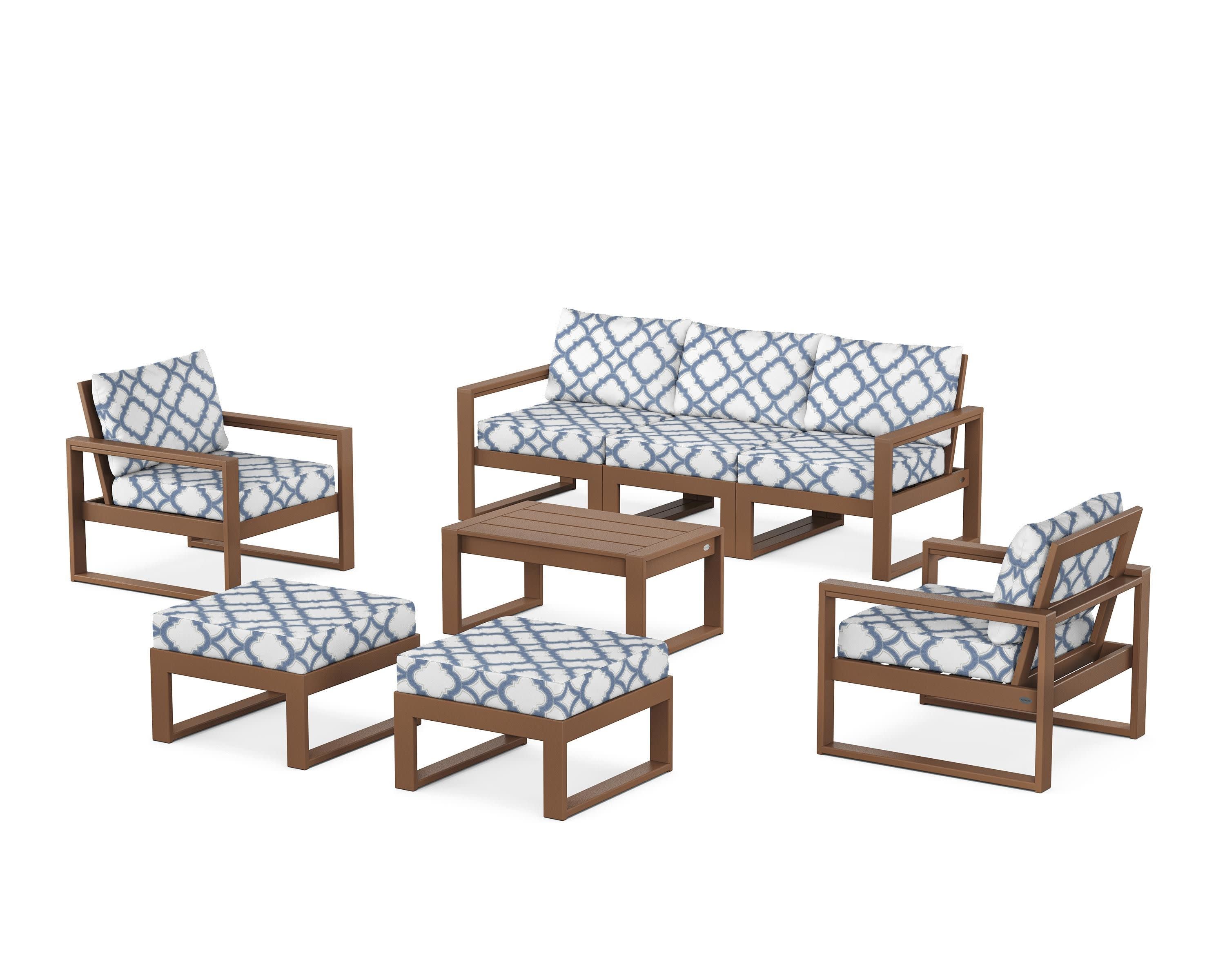 EDGE Sectional 8-Piece Lounge Sofa Set in Teak / Trellis Sky Blue