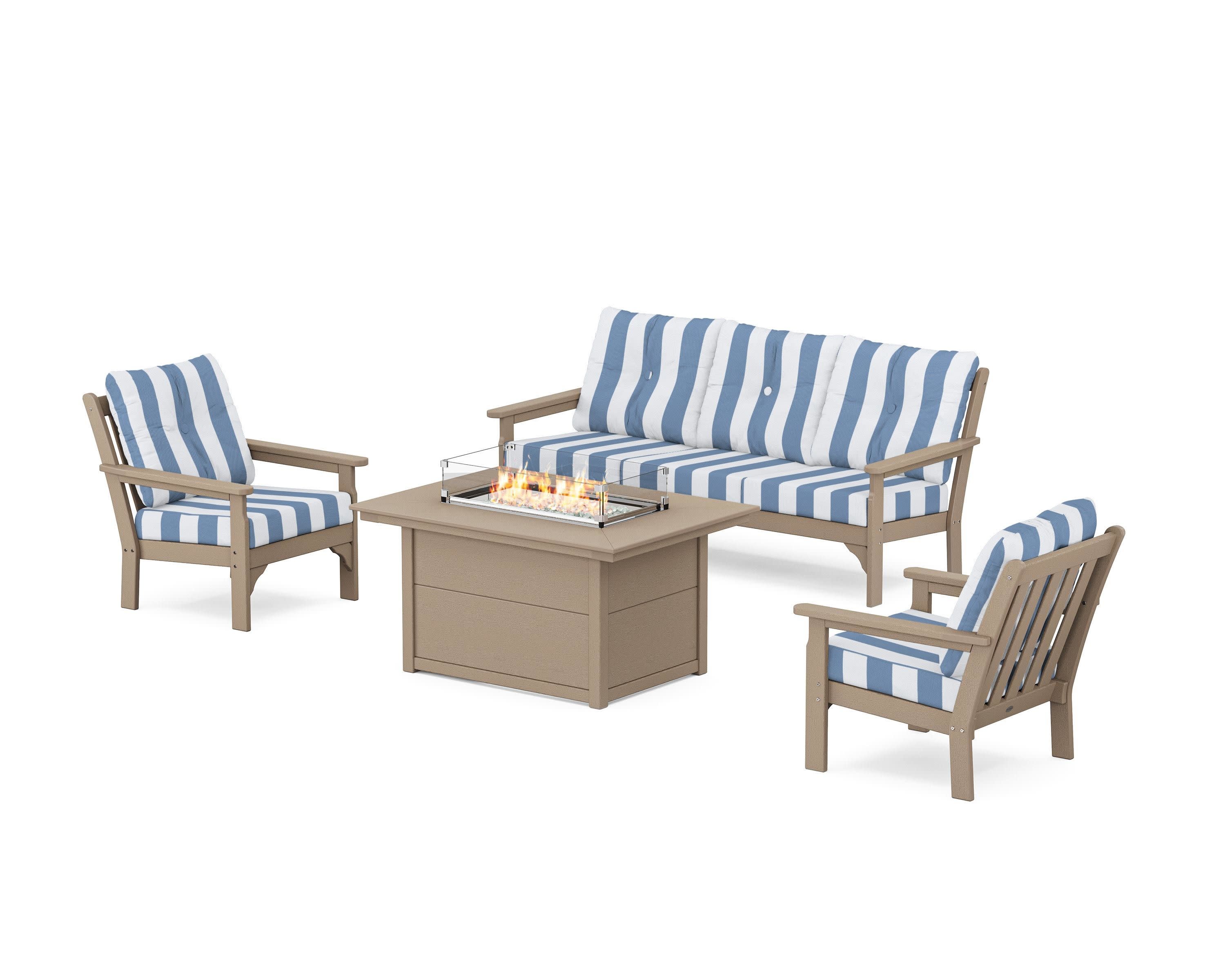Vineyard Deep Seating Fire Pit Table Set in Vintage Sahara / Cabana Stripe Sky Blue
