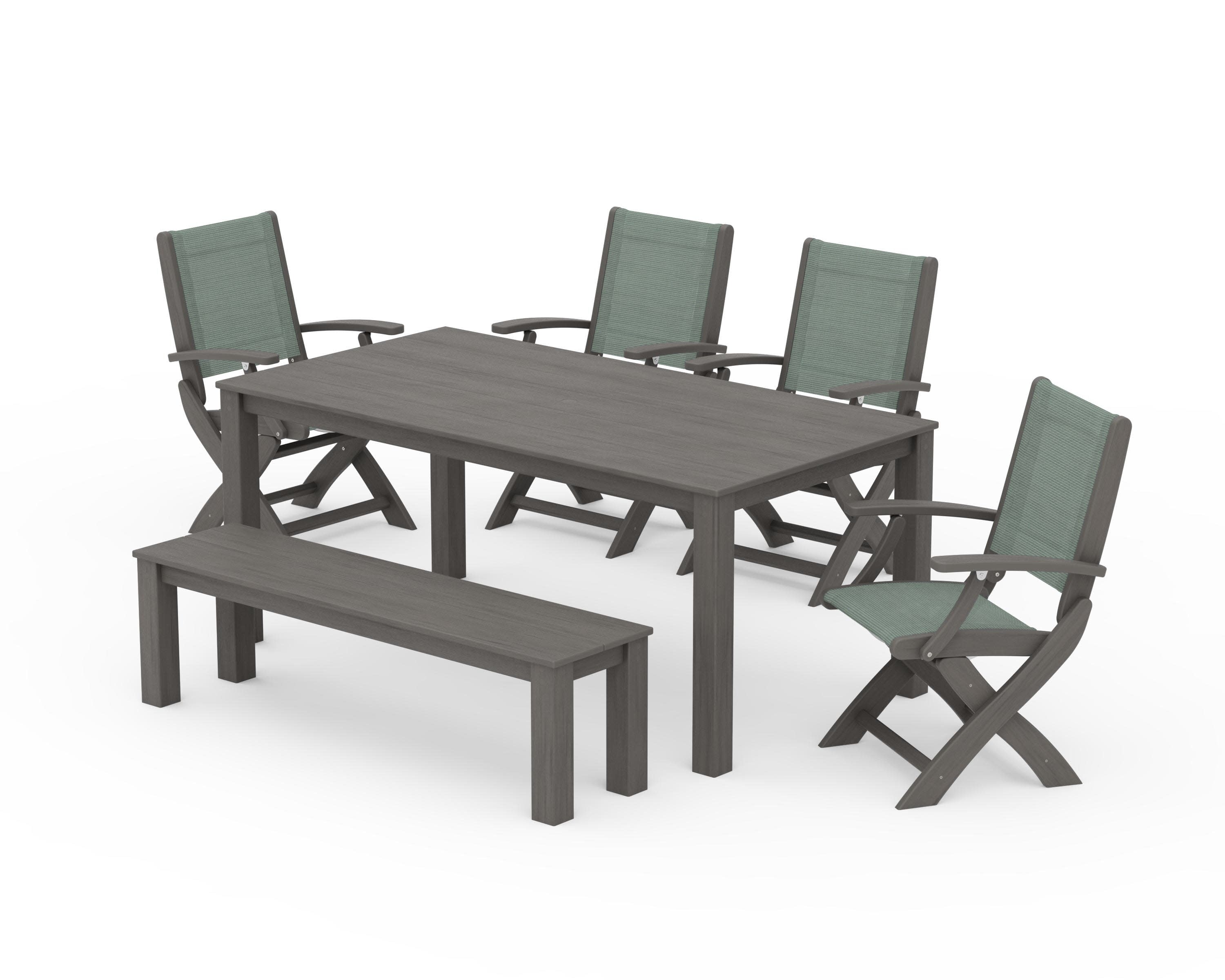 Coastal Folding Chair 6-Piece Parsons Dining Set with Bench in Driftwood / Dupioni Sea Mist Sling
