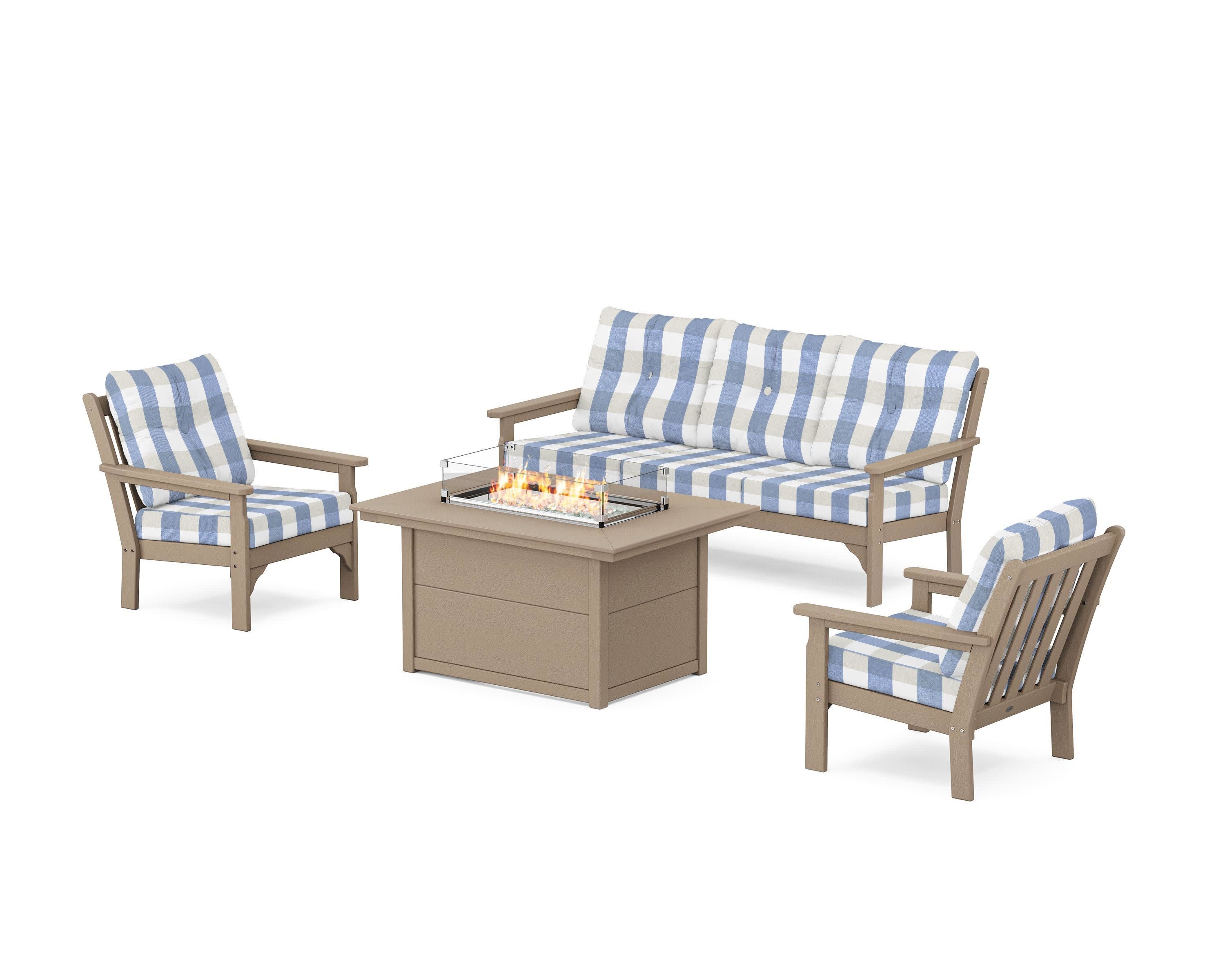 Vineyard Deep Seating Fire Pit Table Set in Vintage Sahara / Buffalo Plaid Sky Blue