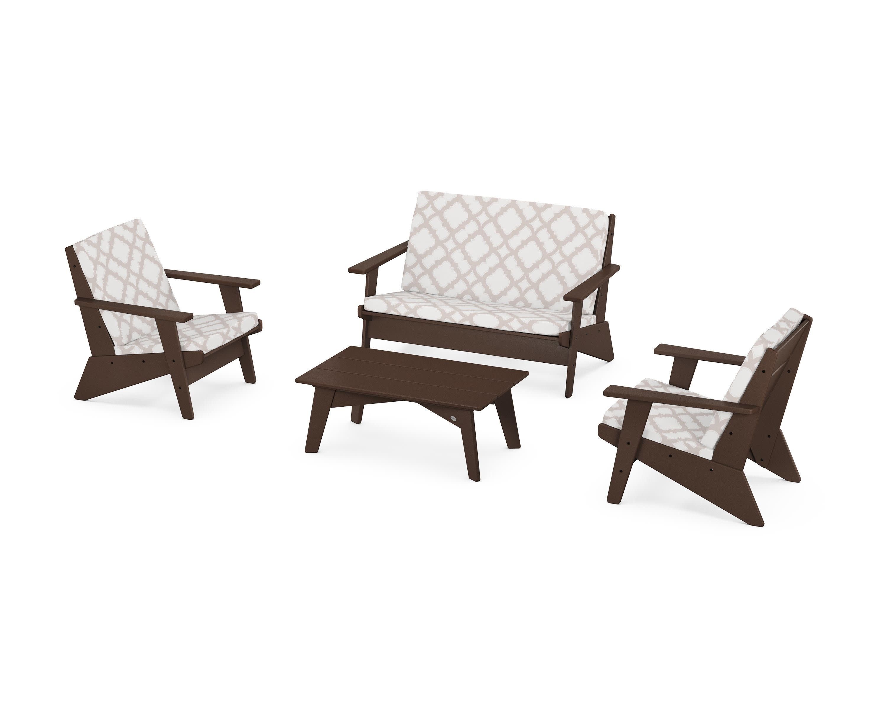 Riviera Modern Lounge 4-Piece Set in Mahogany / Trellis Dune Burlap