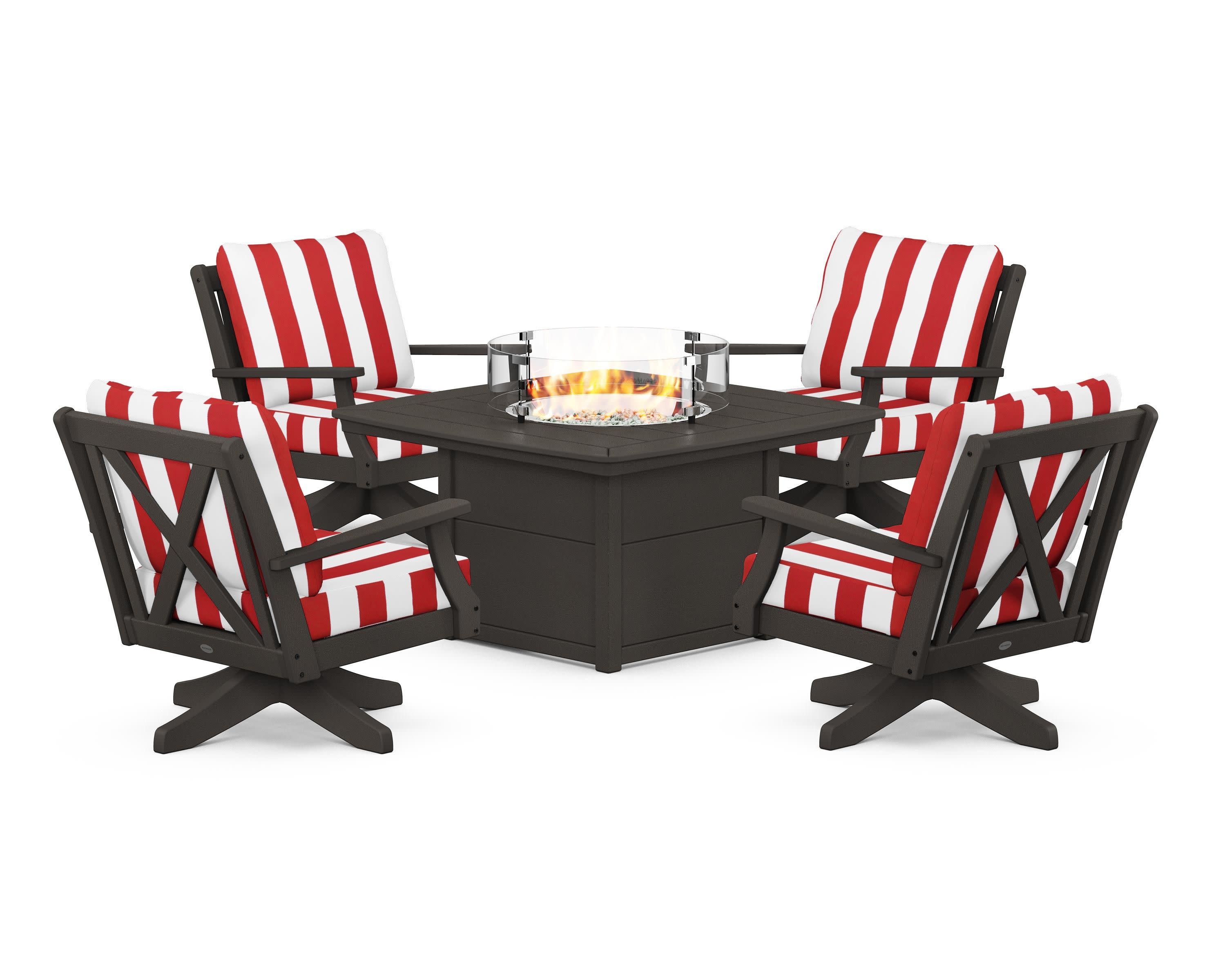 Braxton 5-Piece Deep Seating Swivel Conversation Set with Fire Pit Table in Vintage Coffee / Cabana Stripe Crimson