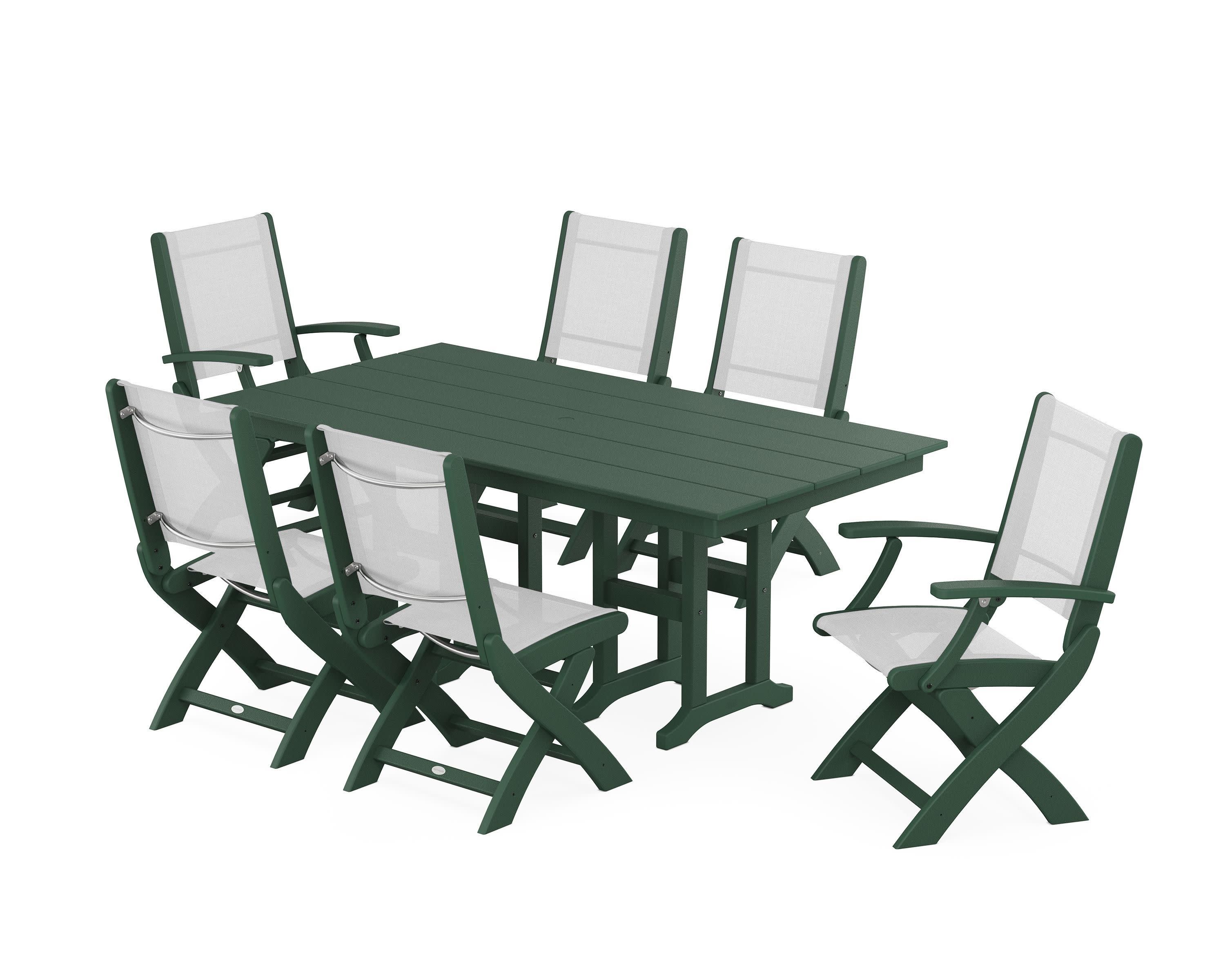 Coastal Folding Chair 7-Piece Farmhouse Dining Set in Green / White Sling