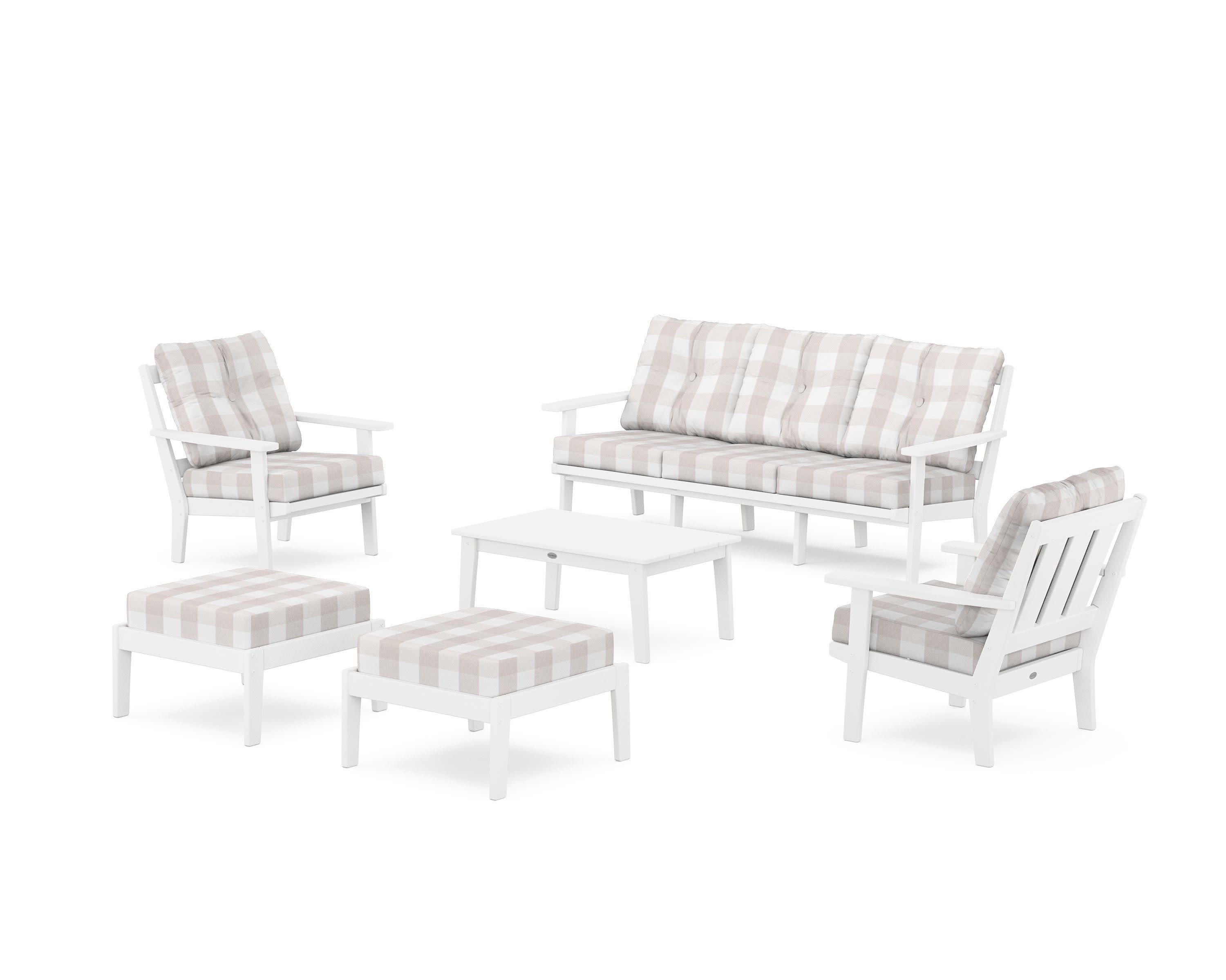 Oxford 6-Piece Lounge Sofa Set in White / Buffalo Plaid Dune Burlap