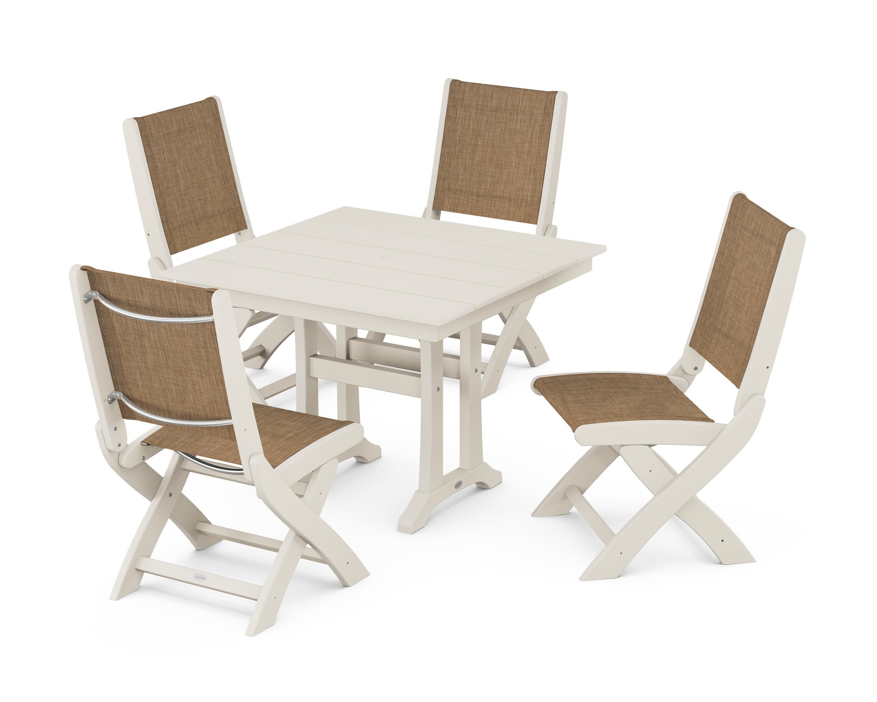 Coastal Folding Side Chair 5-Piece Farmhouse Dining Set With Trestle Legs in Sand / Burlap Sling