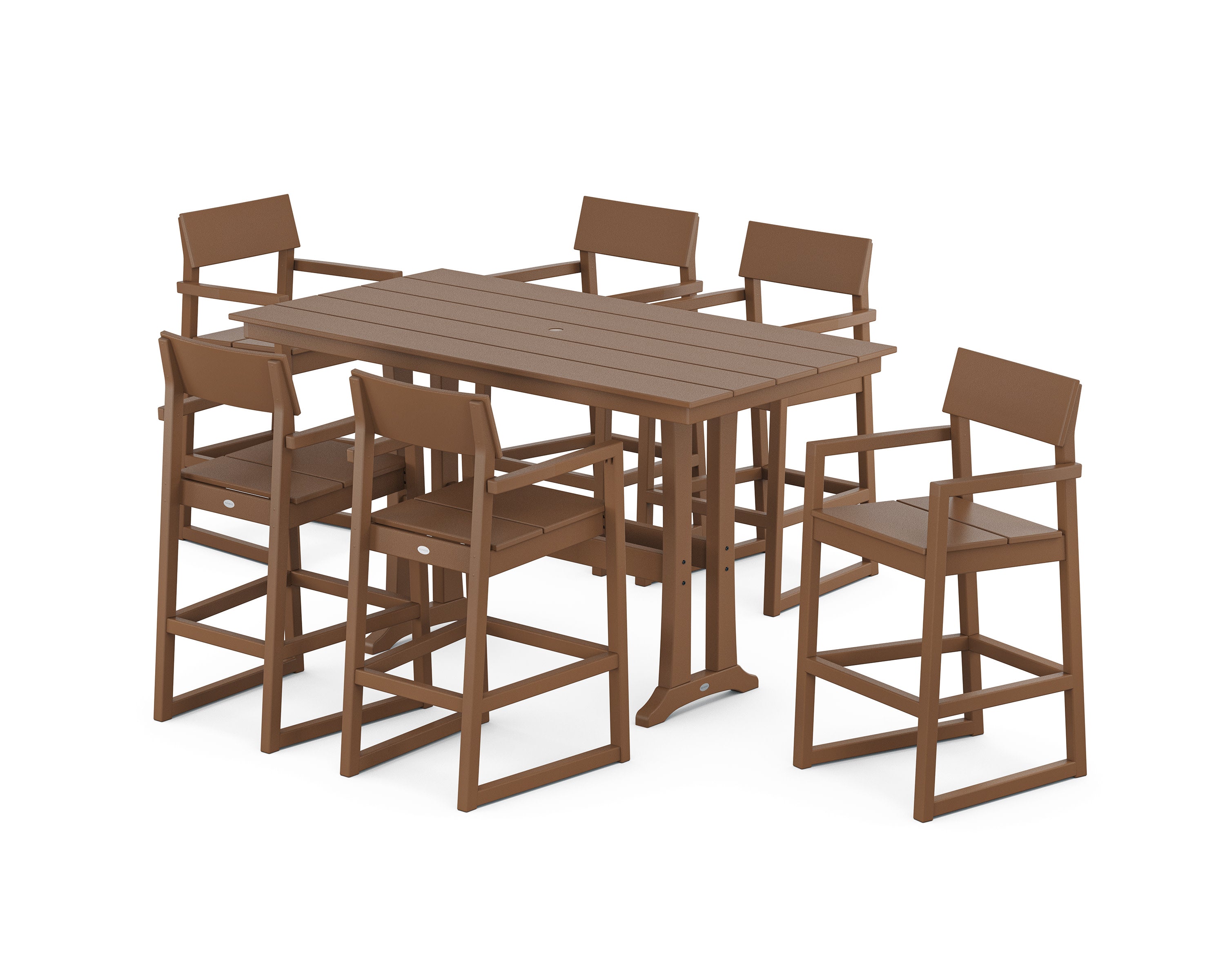 EDGE Arm Chair 7-Piece Farmhouse Bar Set with Trestle Legs in Teak