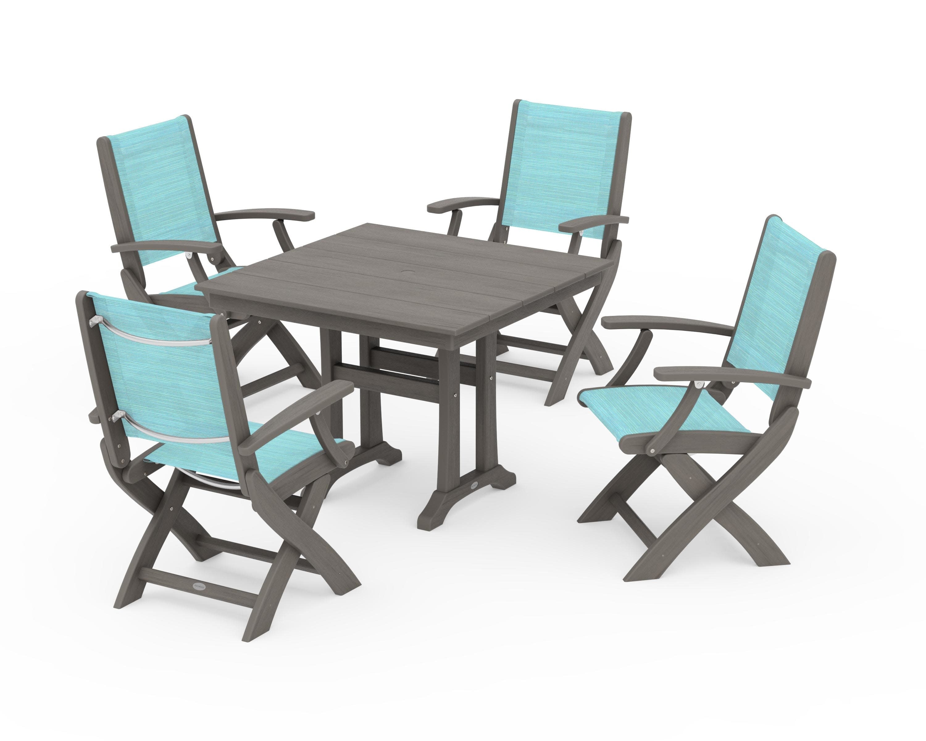 Coastal Folding Chair 5-Piece Farmhouse Dining Set With Trestle Legs in Driftwood / Dupioni Aquamarine Sling