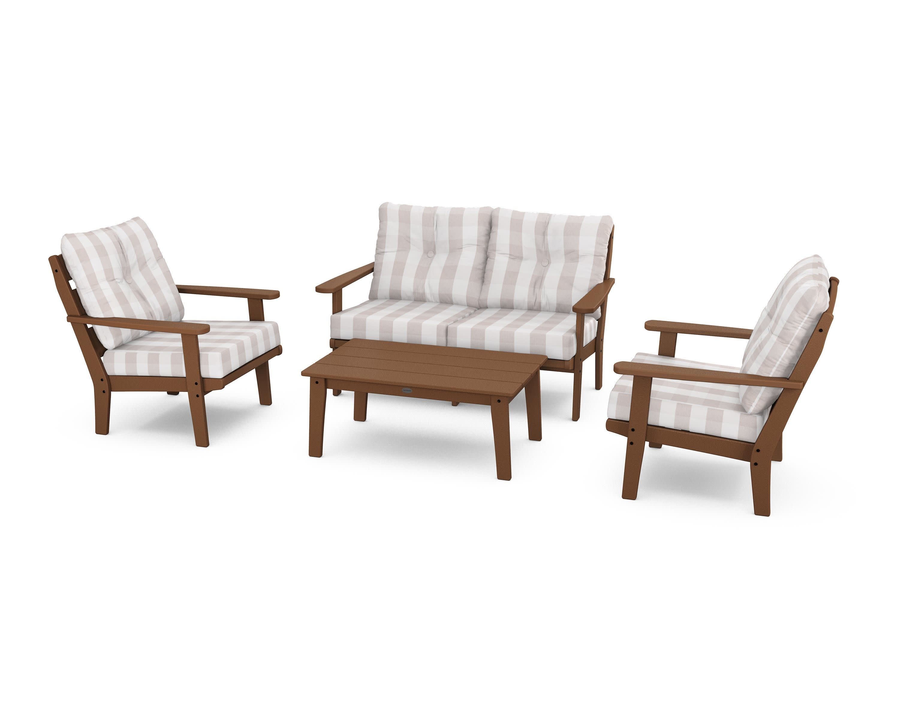 Lakeside 4-Piece Deep Seating Set in Teak / Buffalo Plaid Dune Burlap