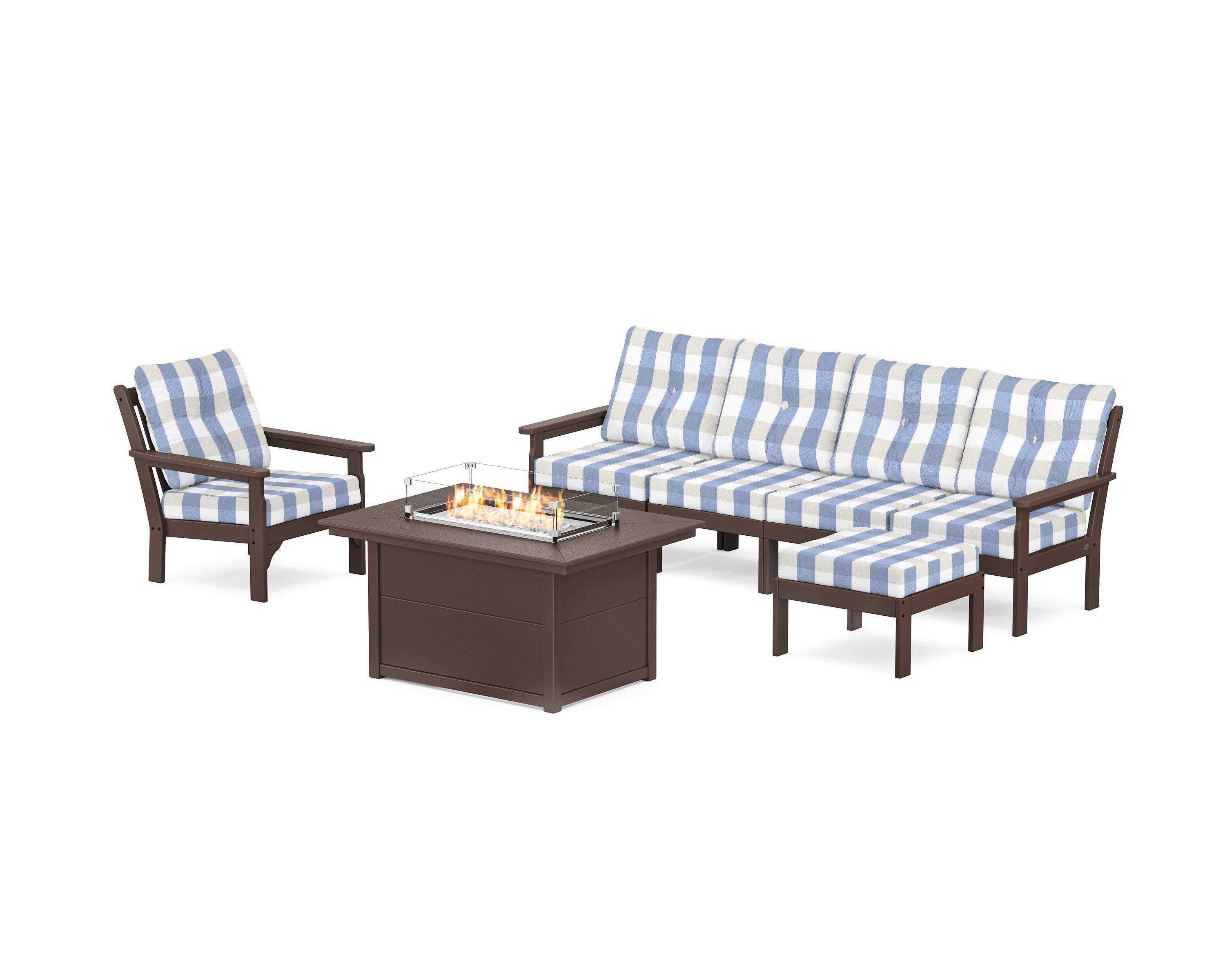 Vineyard Sectional Lounge and Fire Pit Set in Mahogany / Buffalo Plaid Sky Blue