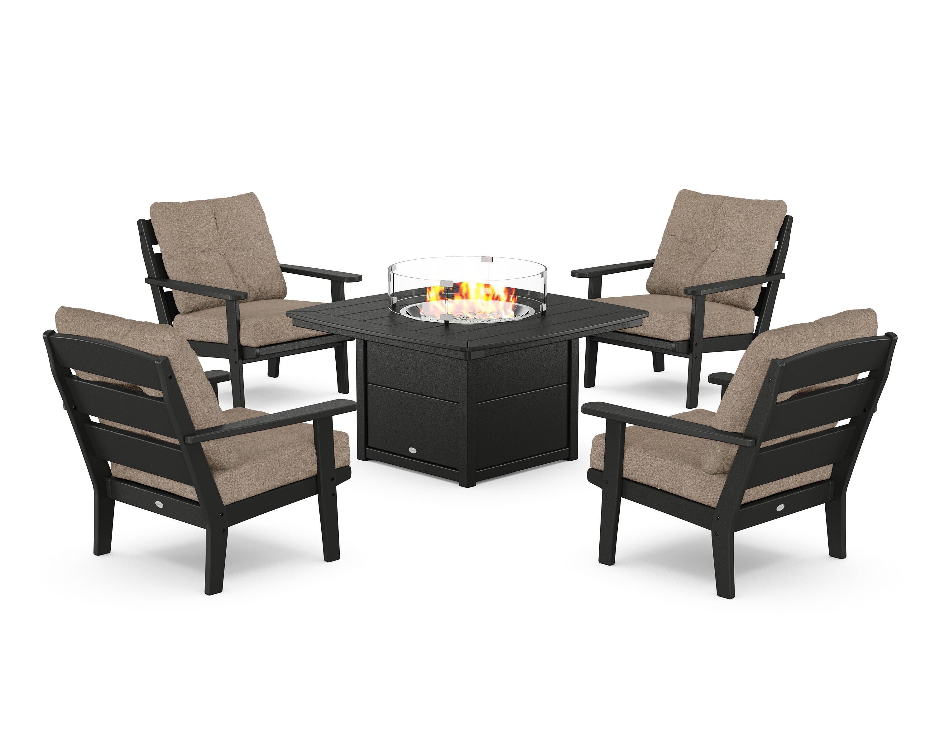 Lakeside 5-Piece Deep Seating Set with Nautical Fire Pit Table in Black / Spiced Burlap