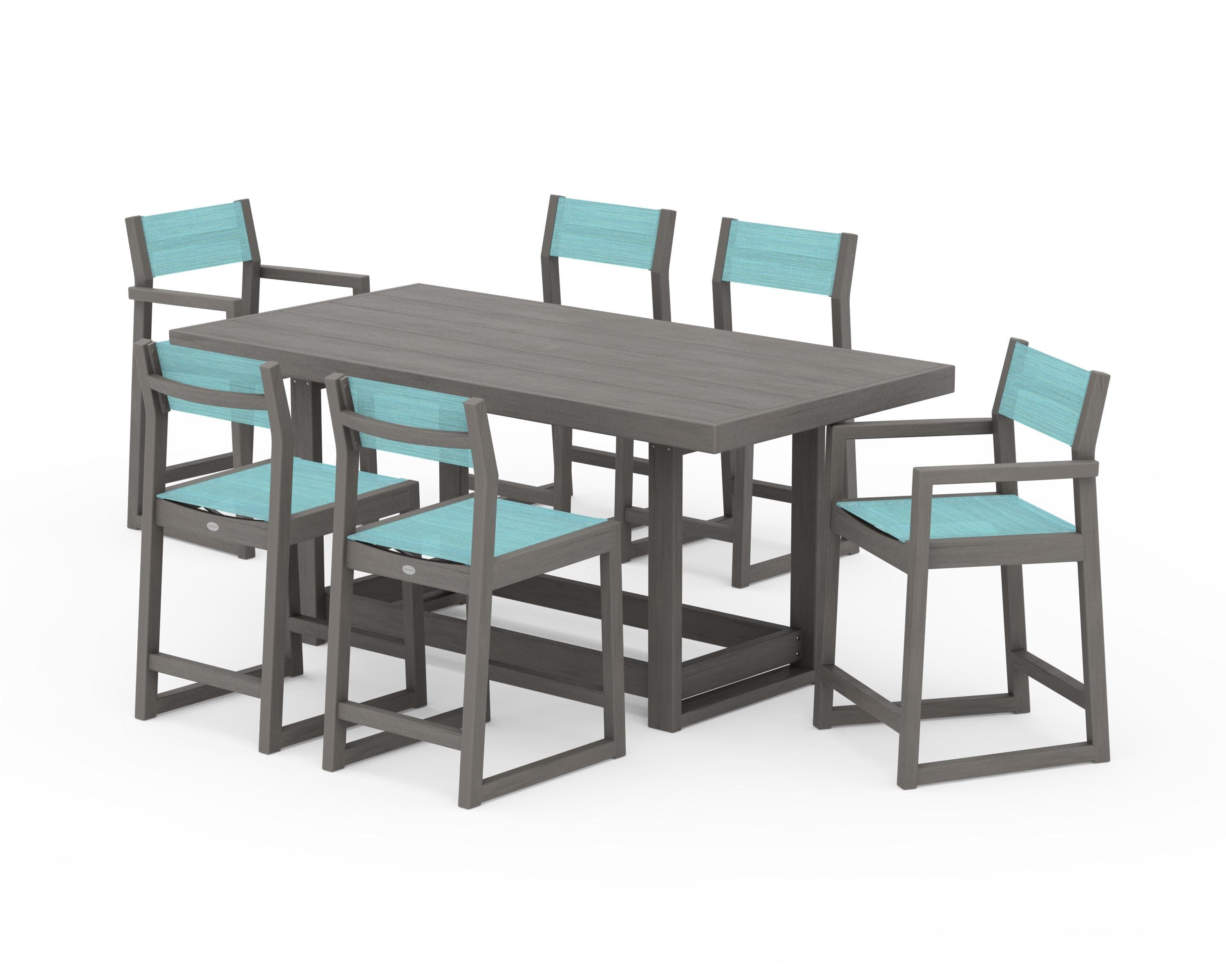 EDGE Sling 7-Piece Counter Table Set in Driftwood / Dupioni Aquamarine Sling