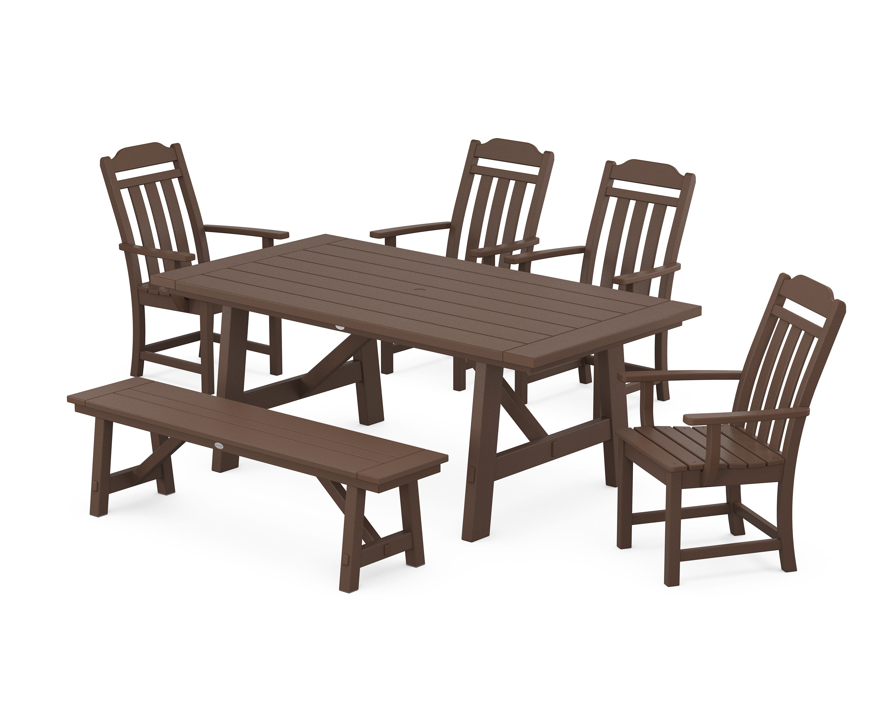 Cottage 6-Piece Rustic Farmhouse Dining Set with Bench in Mahogany