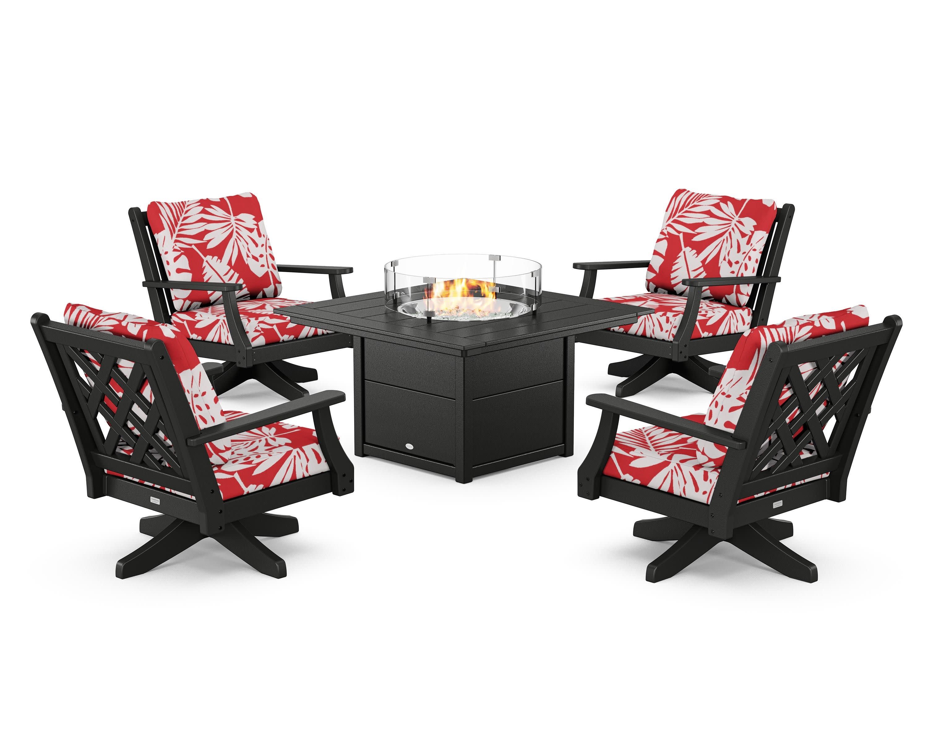 Wovendale 5-Piece Deep Seating Swivel Conversation Set with Fire Pit Table in Black / Leaf Crimson