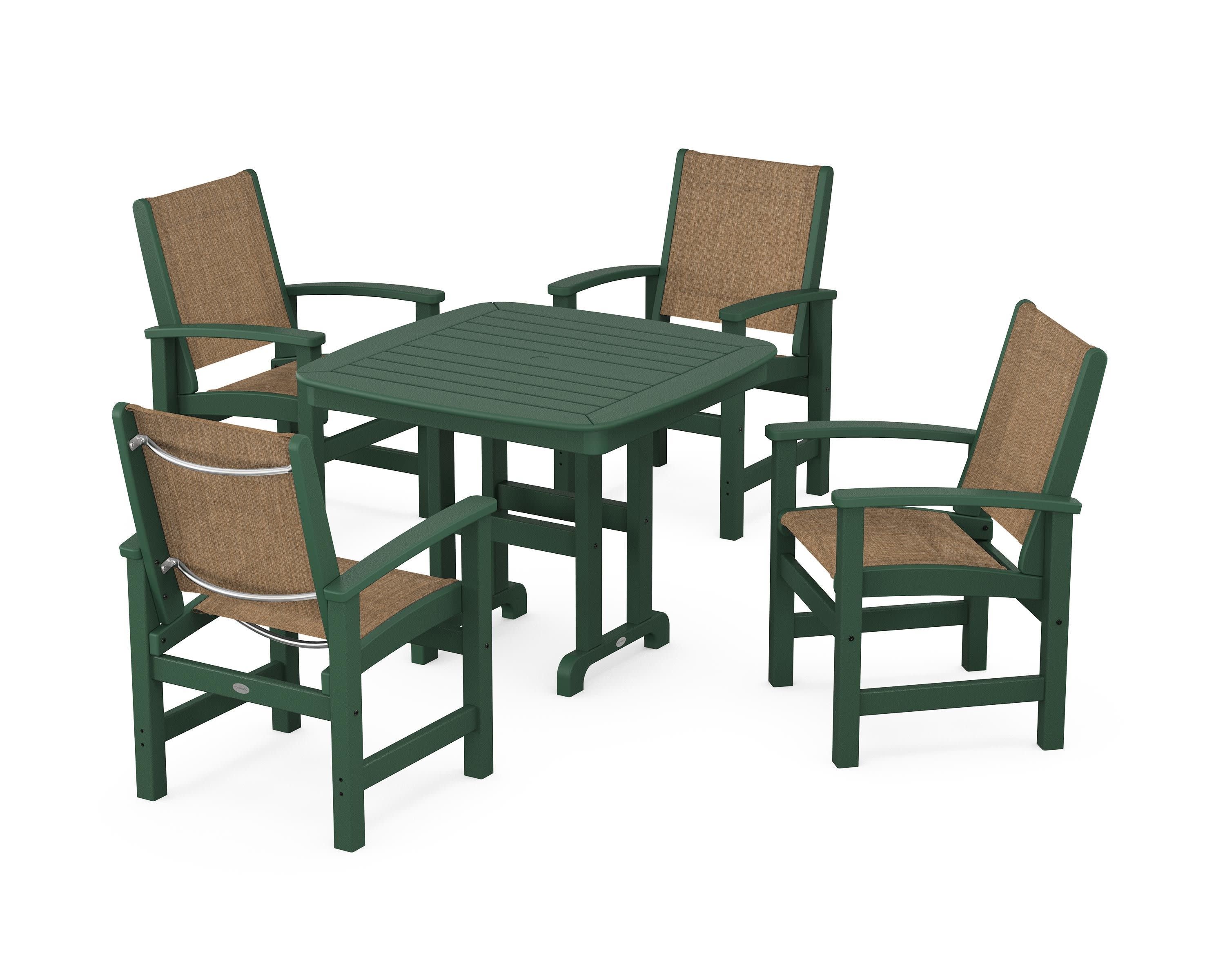 Coastal 5-Piece Dining Set in Green / Burlap Sling
