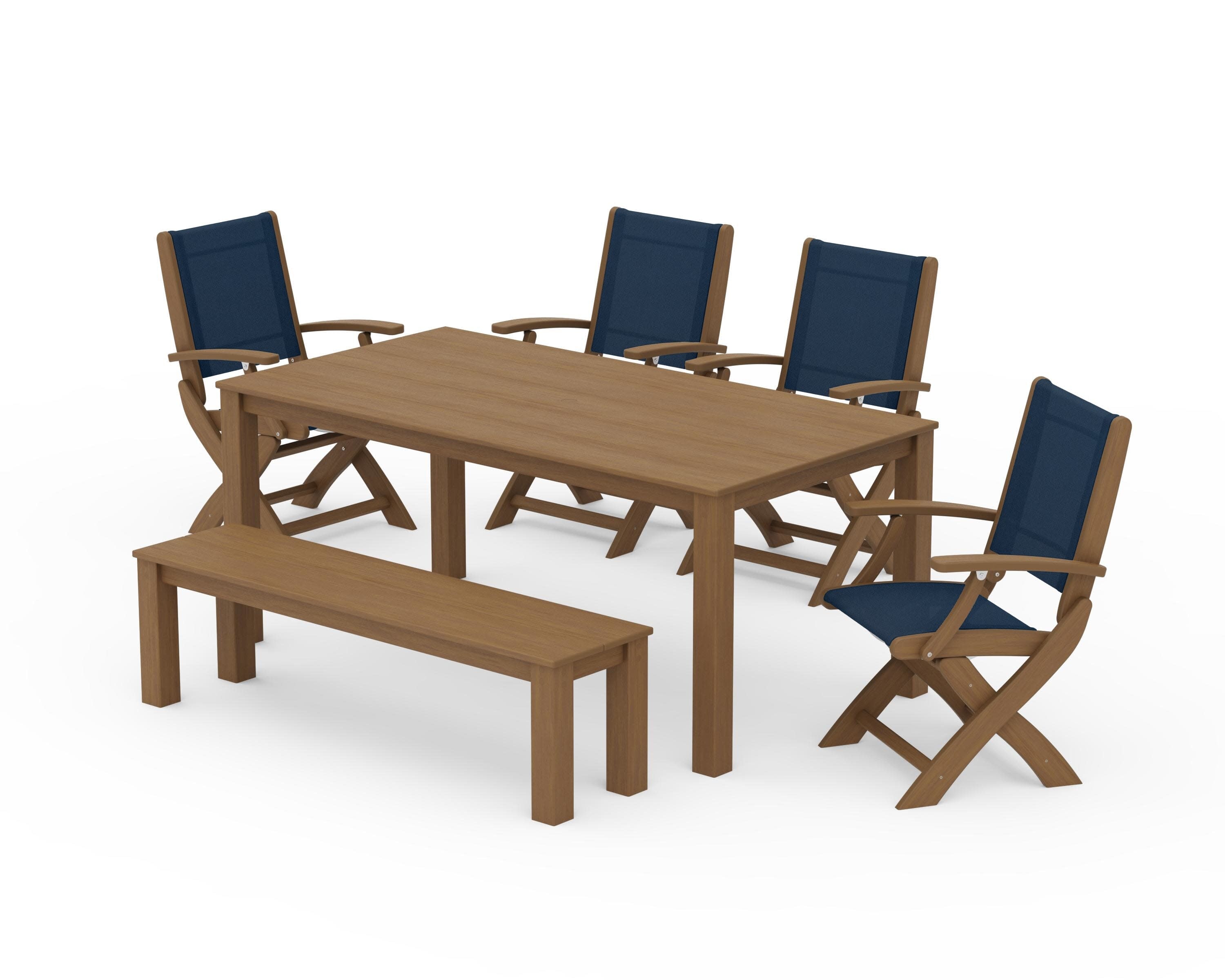 Coastal Folding Chair 6-Piece Parsons Dining Set with Bench in Natural / Navy Blue Sling