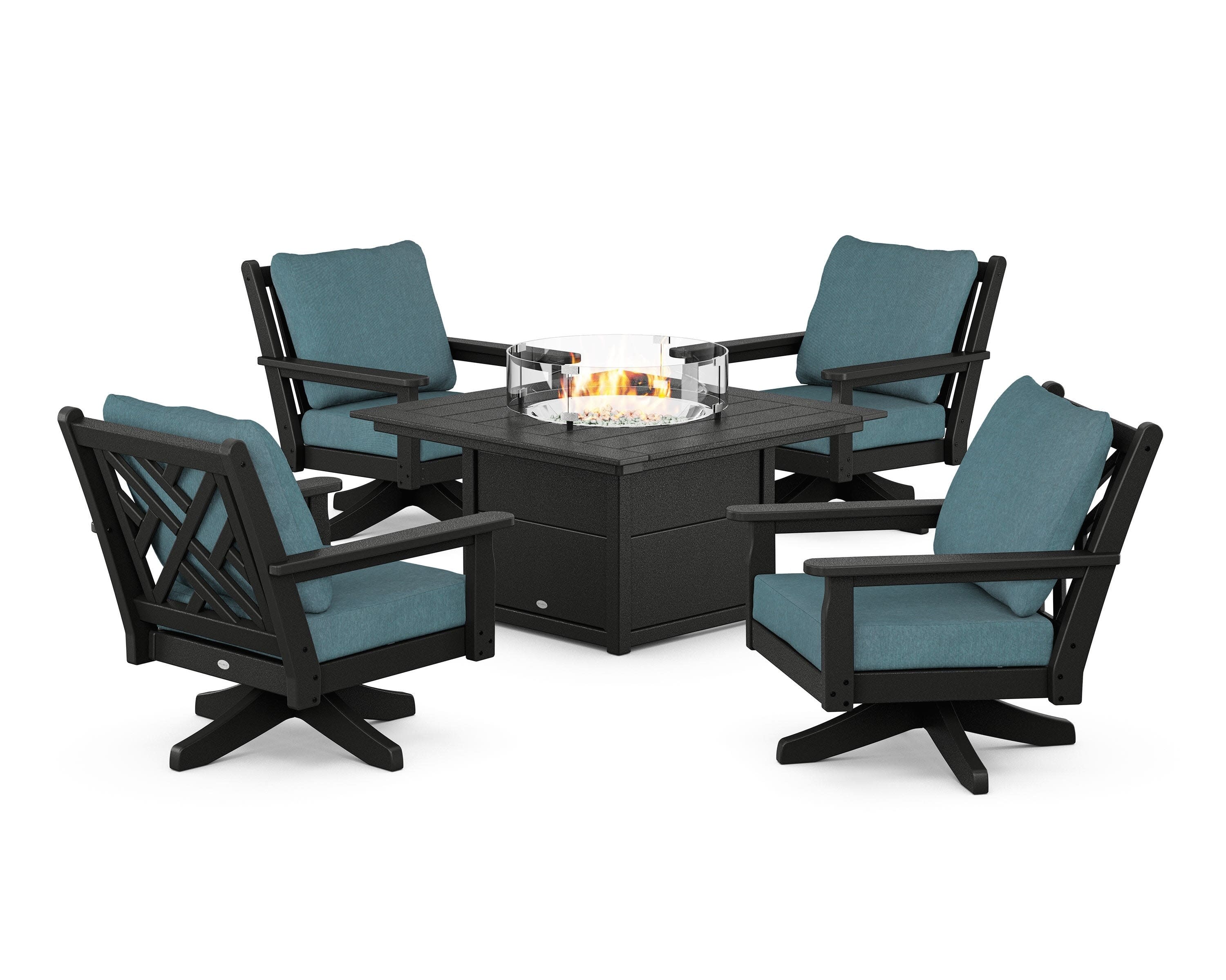 Chippendale 5-Piece Deep Seating Swivel Conversation Set with Fire Pit Table in Black / Ocean Teal