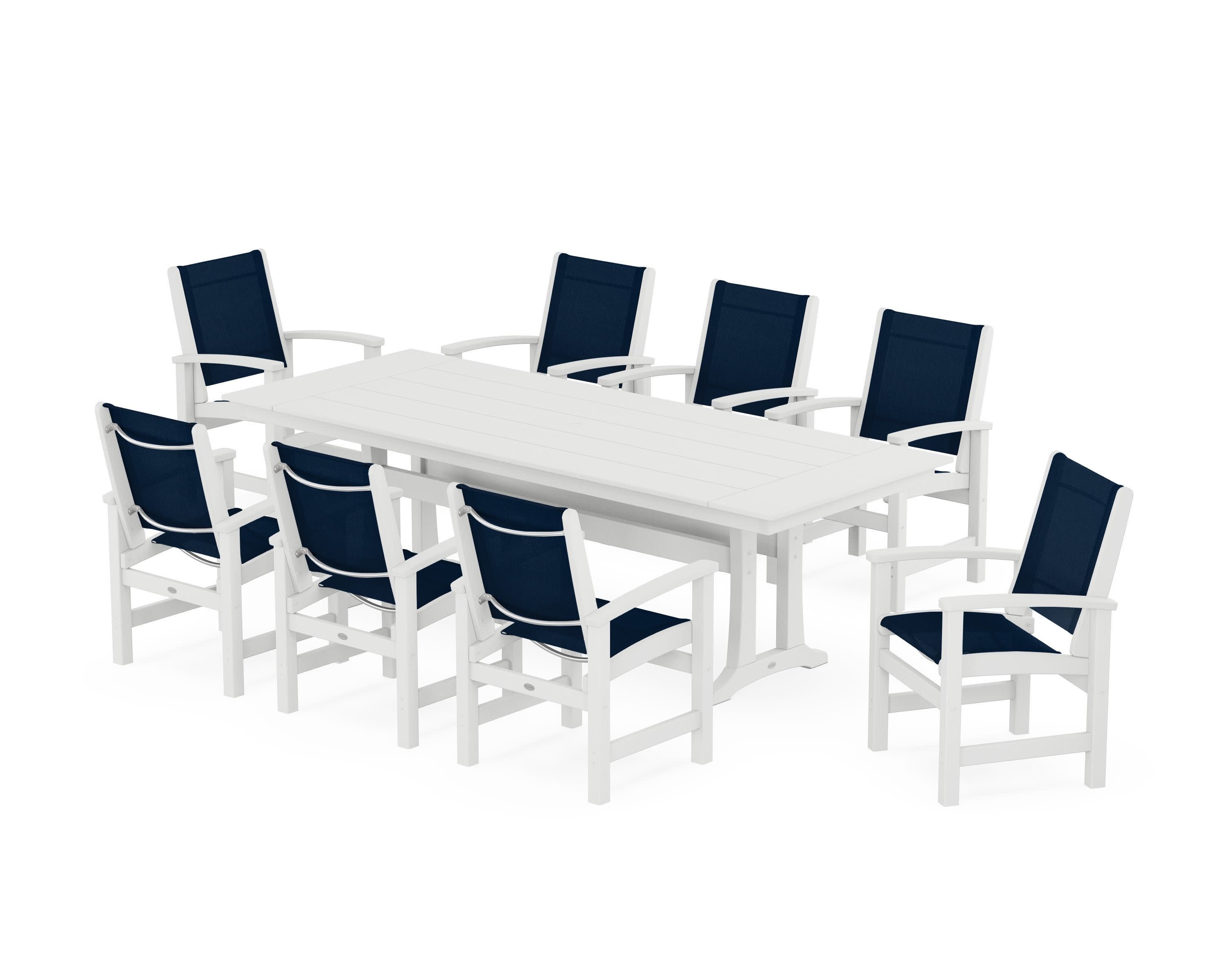 Coastal 9-Piece Farmhouse Dining Set with Trestle Legs in White / Navy Blue Sling