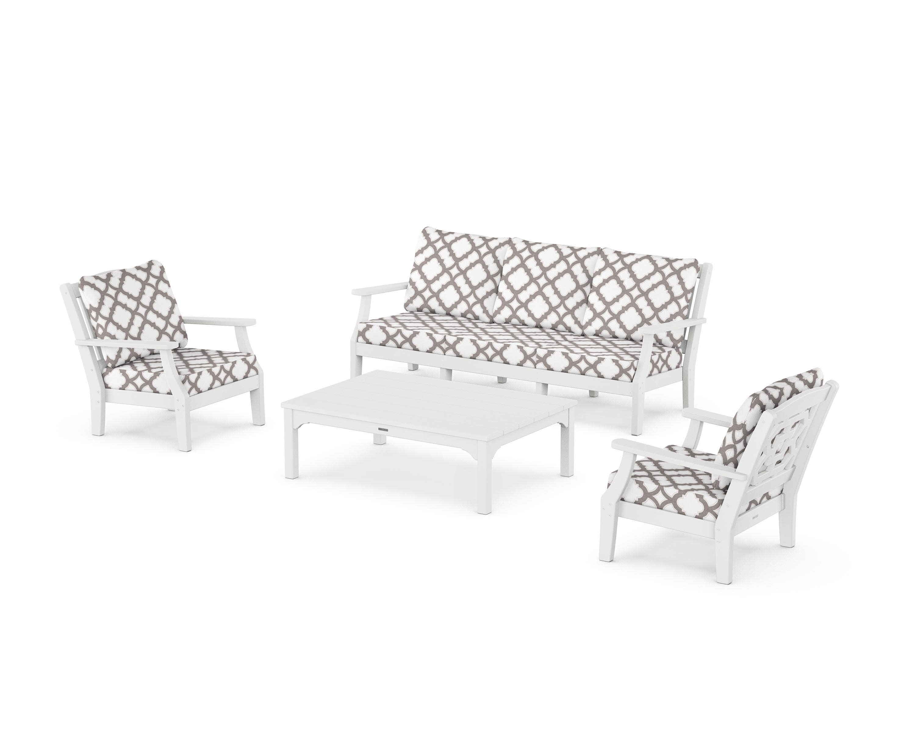 Chinoiserie 4-Piece Deep Seating Set with Sofa in White / Trellis Grey Mist