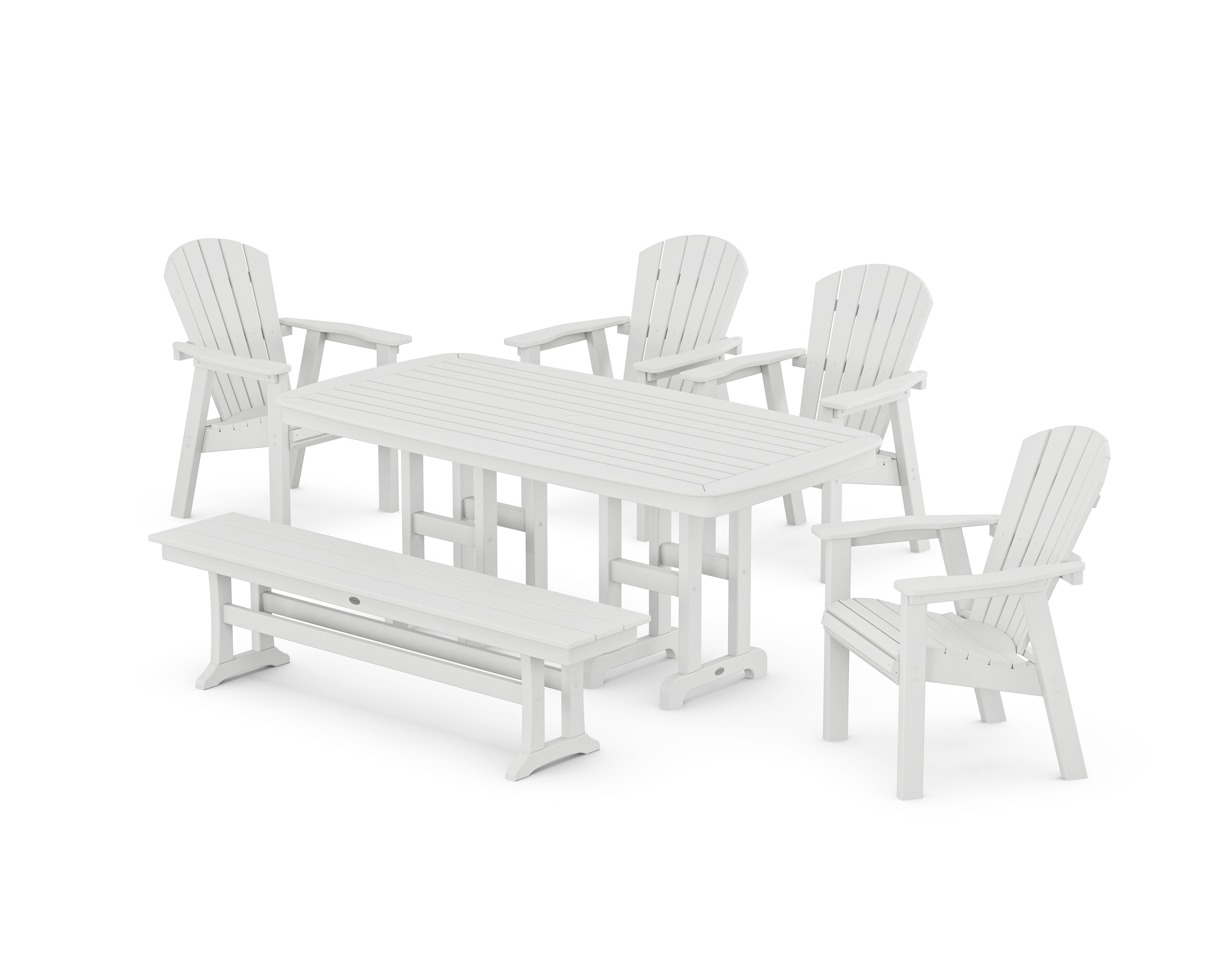 Seashell 6-Piece Dining Set with Bench in White