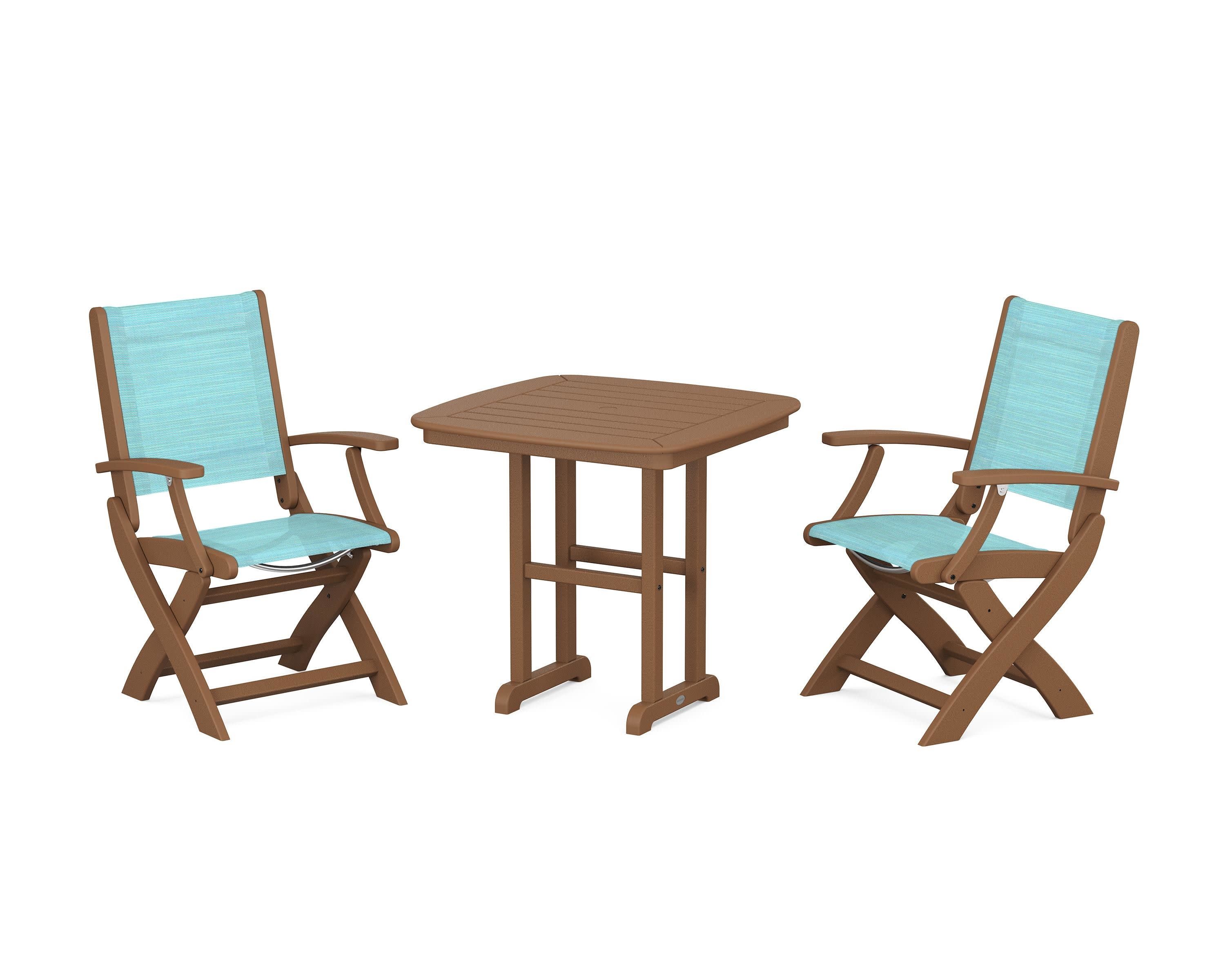 Coastal Folding Chair 3-Piece Dining Set in Teak / Dupioni Aquamarine Sling