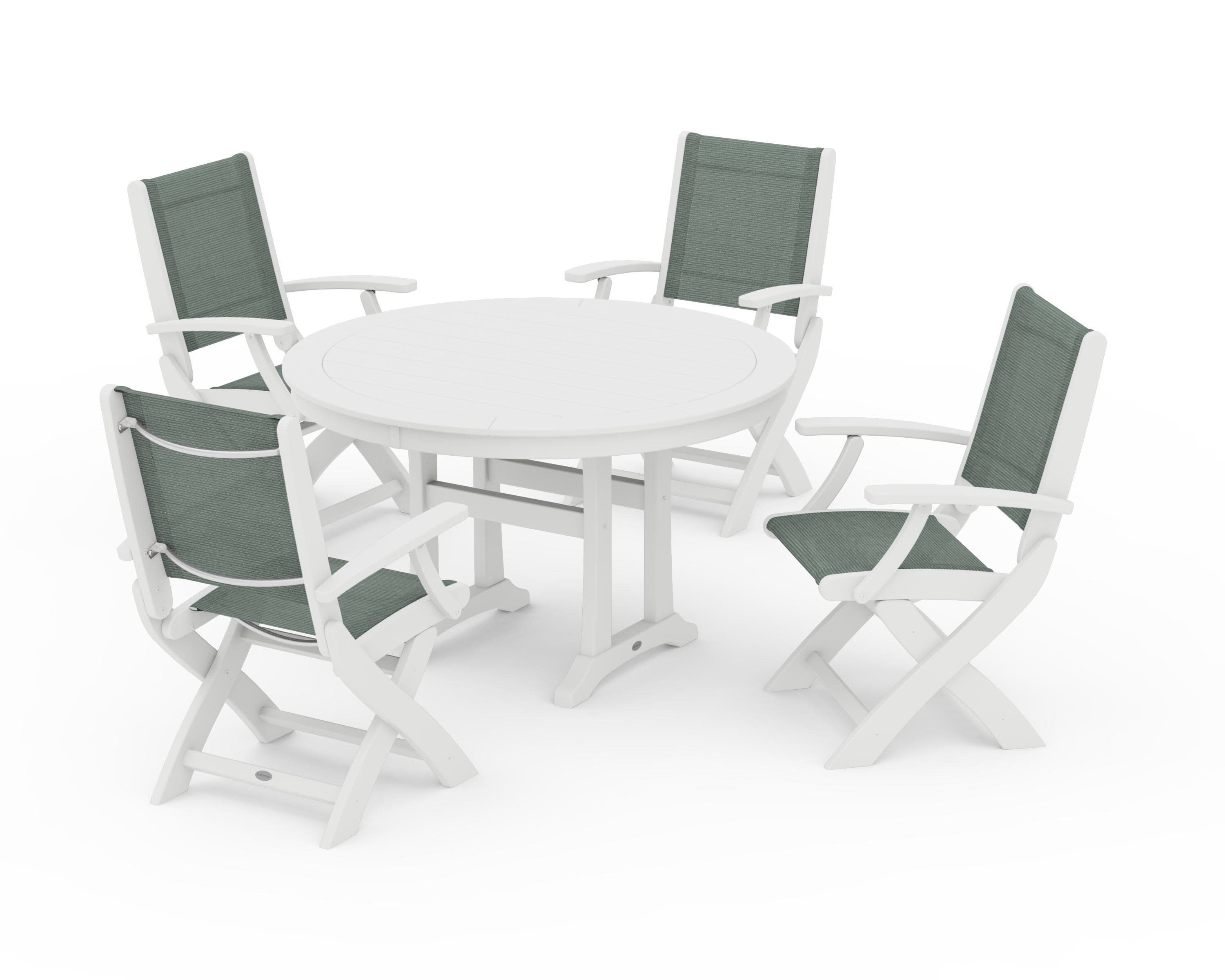 Coastal Folding Chair 5-Piece Round Dining Set with Trestle Legs in White / Dupioni Sea Mist Sling