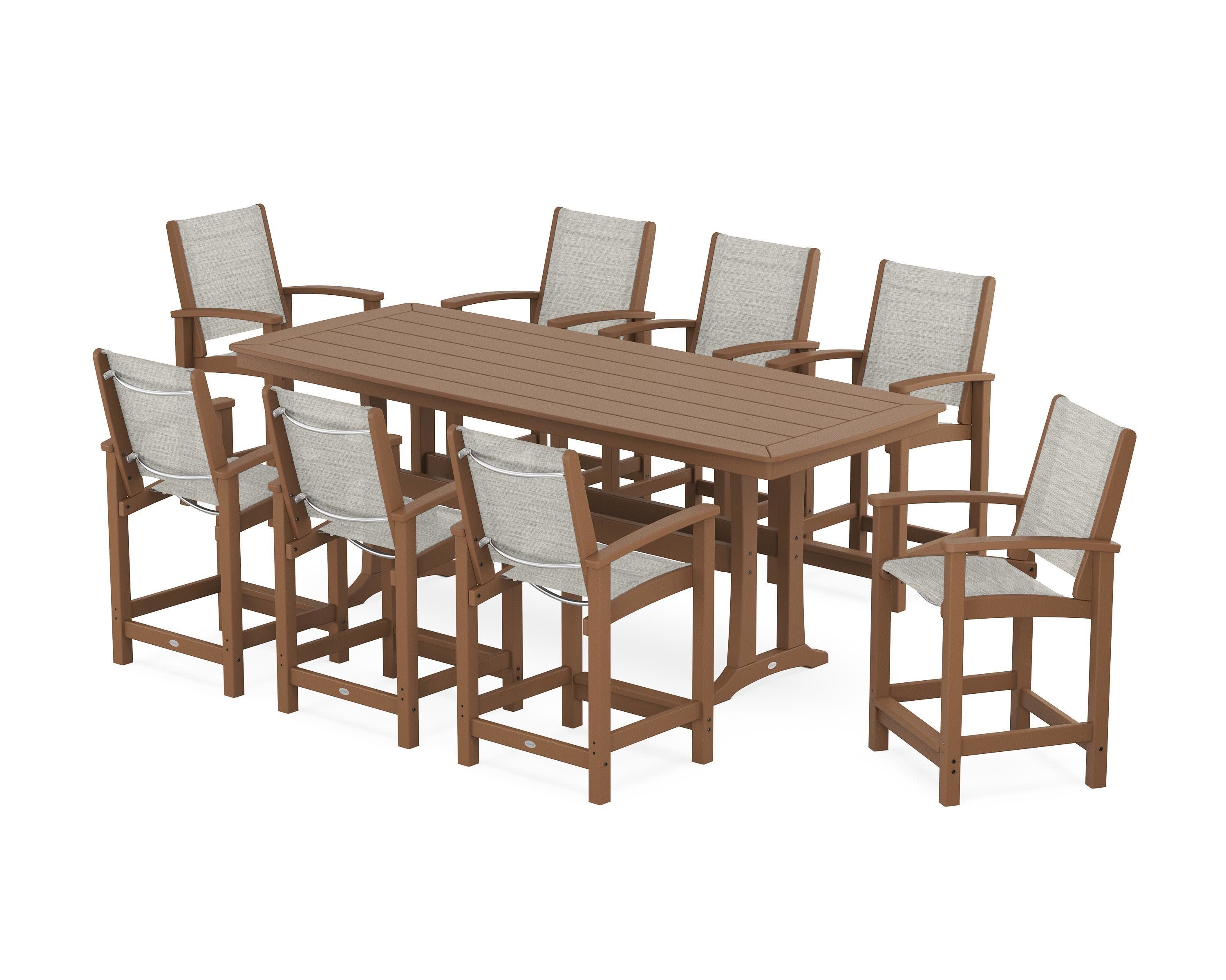 Coastal 9-Piece Counter Set with Trestle Legs in Teak / Birch Sling