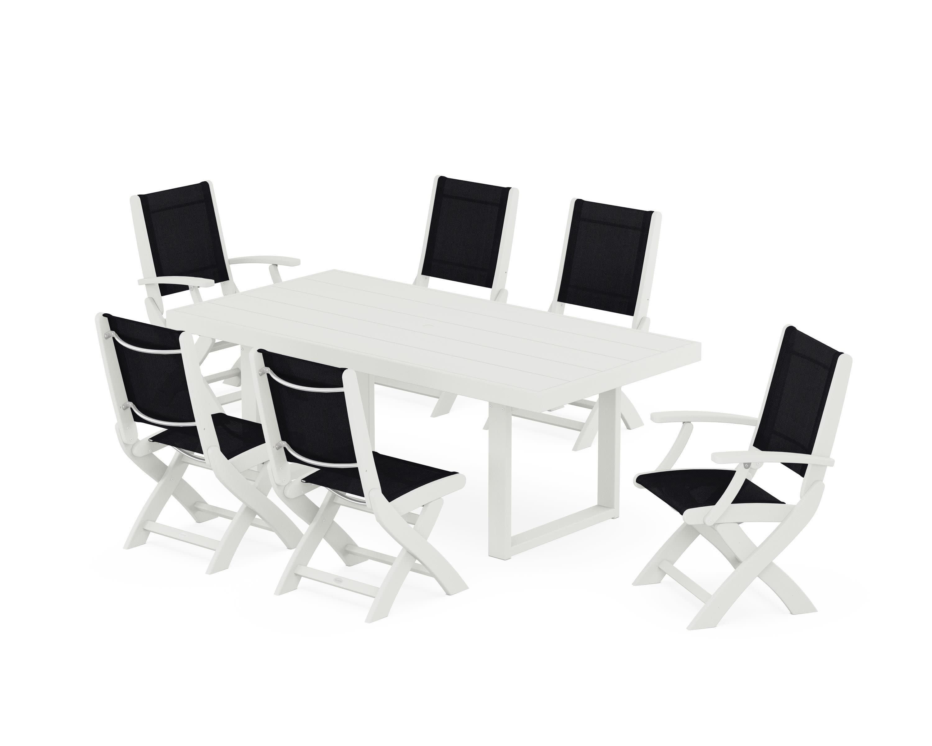 Coastal Folding Chair 7-Piece Dining Set with Trestle Legs in Vintage White / Black Sling