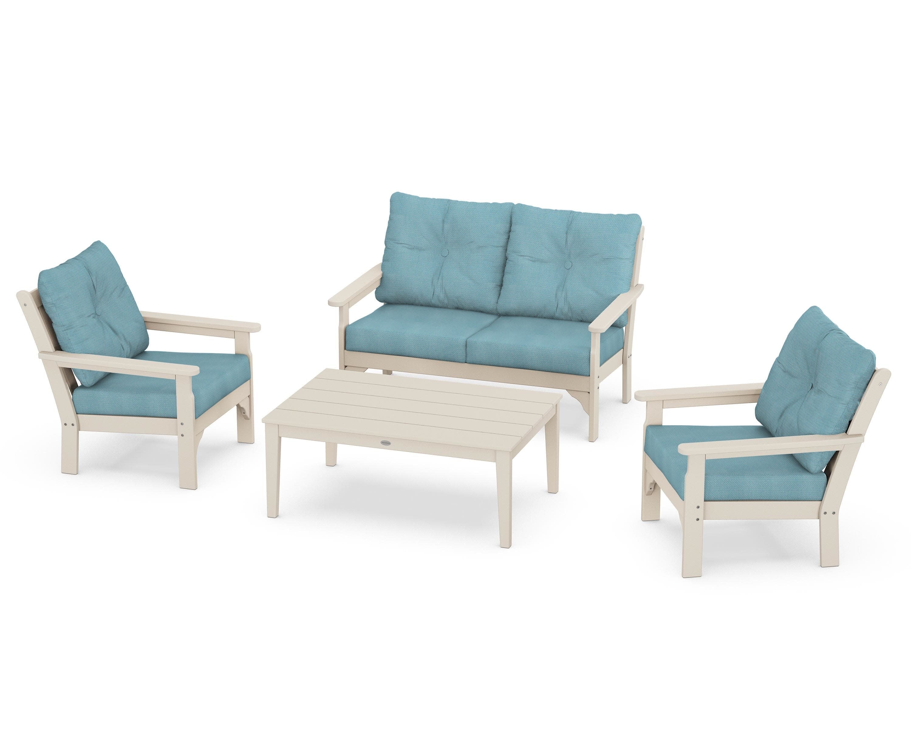 Vineyard 4-Piece Deep Seating Set in Sand / Lattice Sky Blue