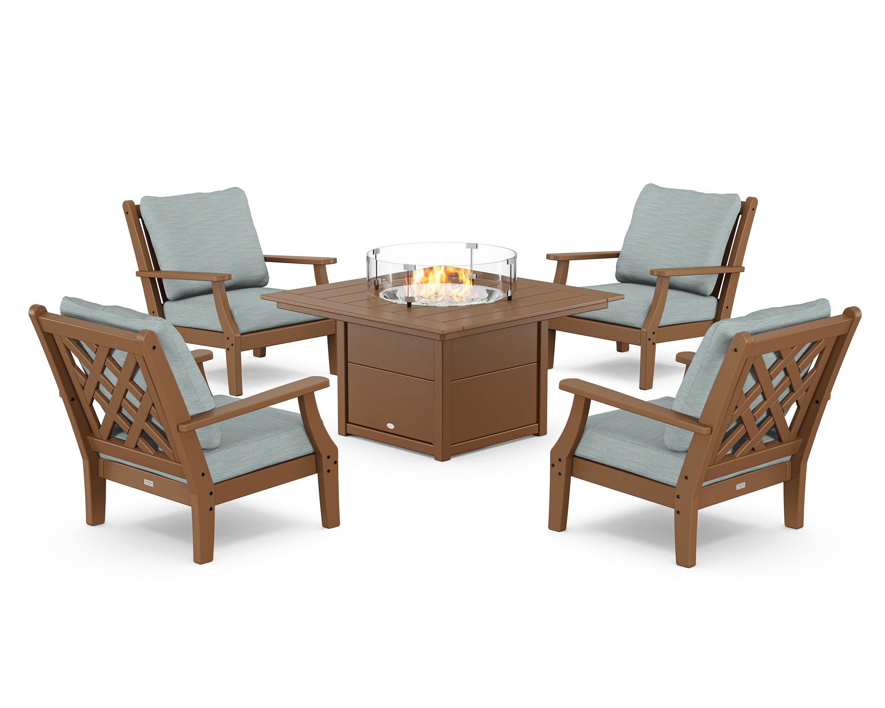 Wovendale 5-Piece Deep Seating Set with Fire Pit Table in Teak / Soothe Mist