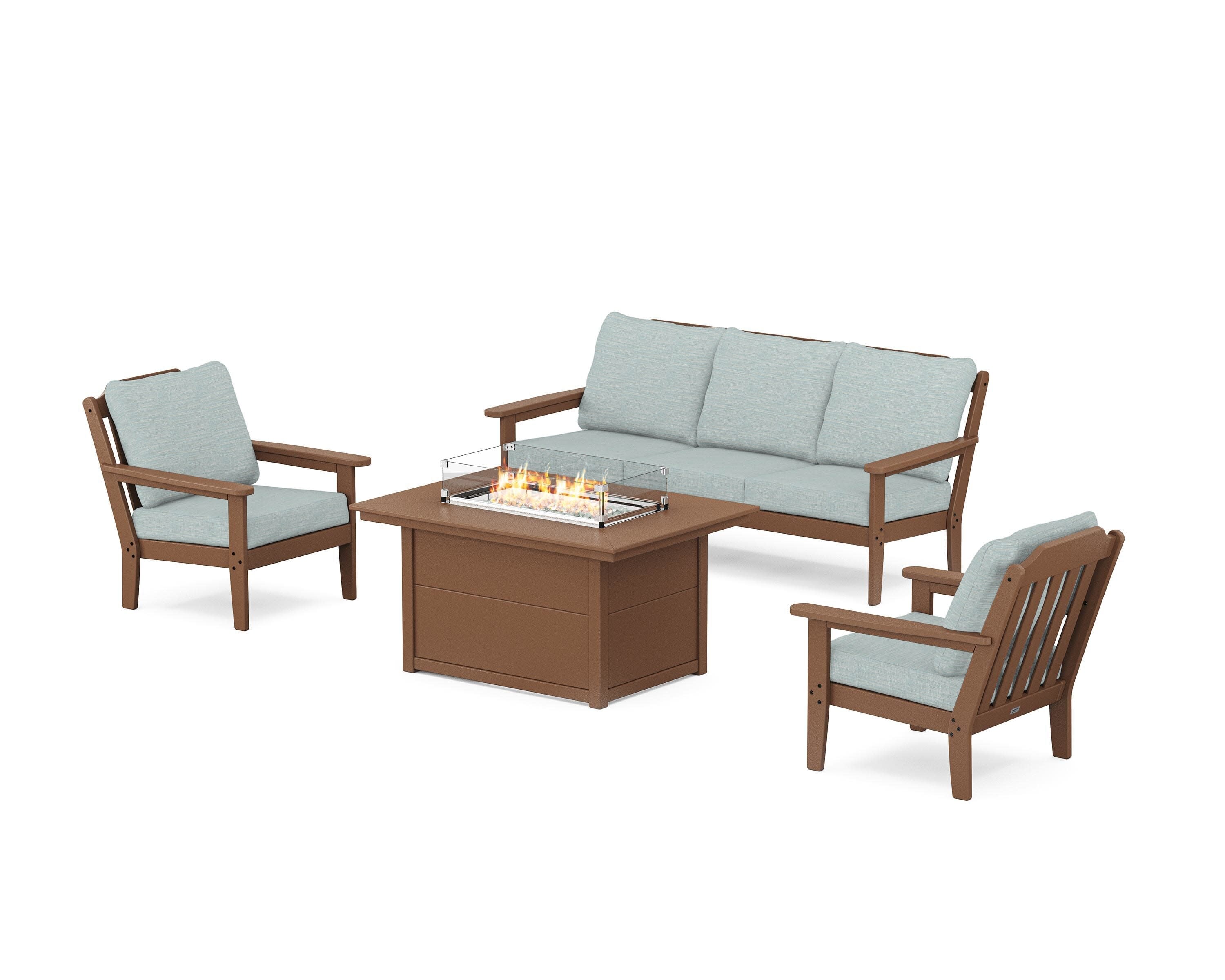 Cottage Deep Seating Fire Pit Table Set in Teak / Soothe Mist