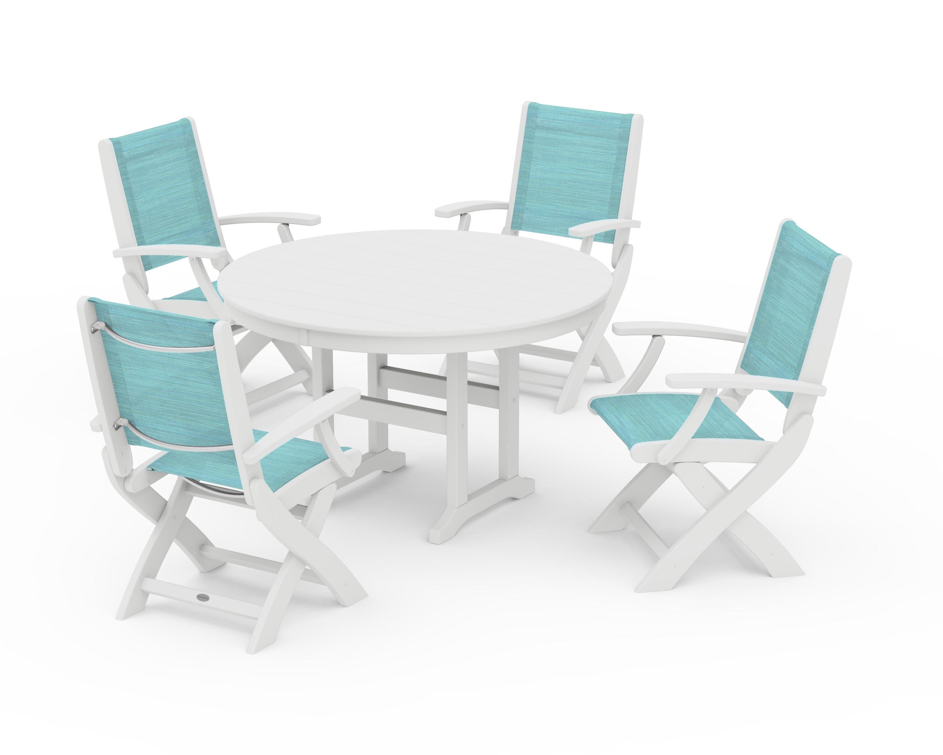 Coastal Folding Chair 5-Piece Round Dining Set in White / Dupioni Aquamarine Sling