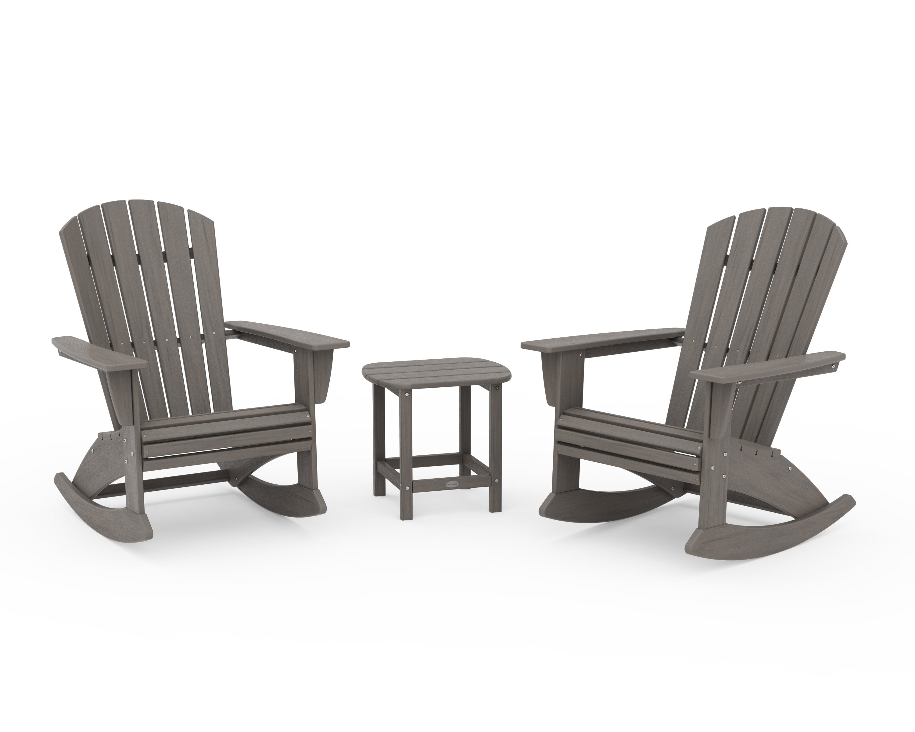 Nautical Curveback 3-Piece Adirondack Rocking Chair Set in Driftwood