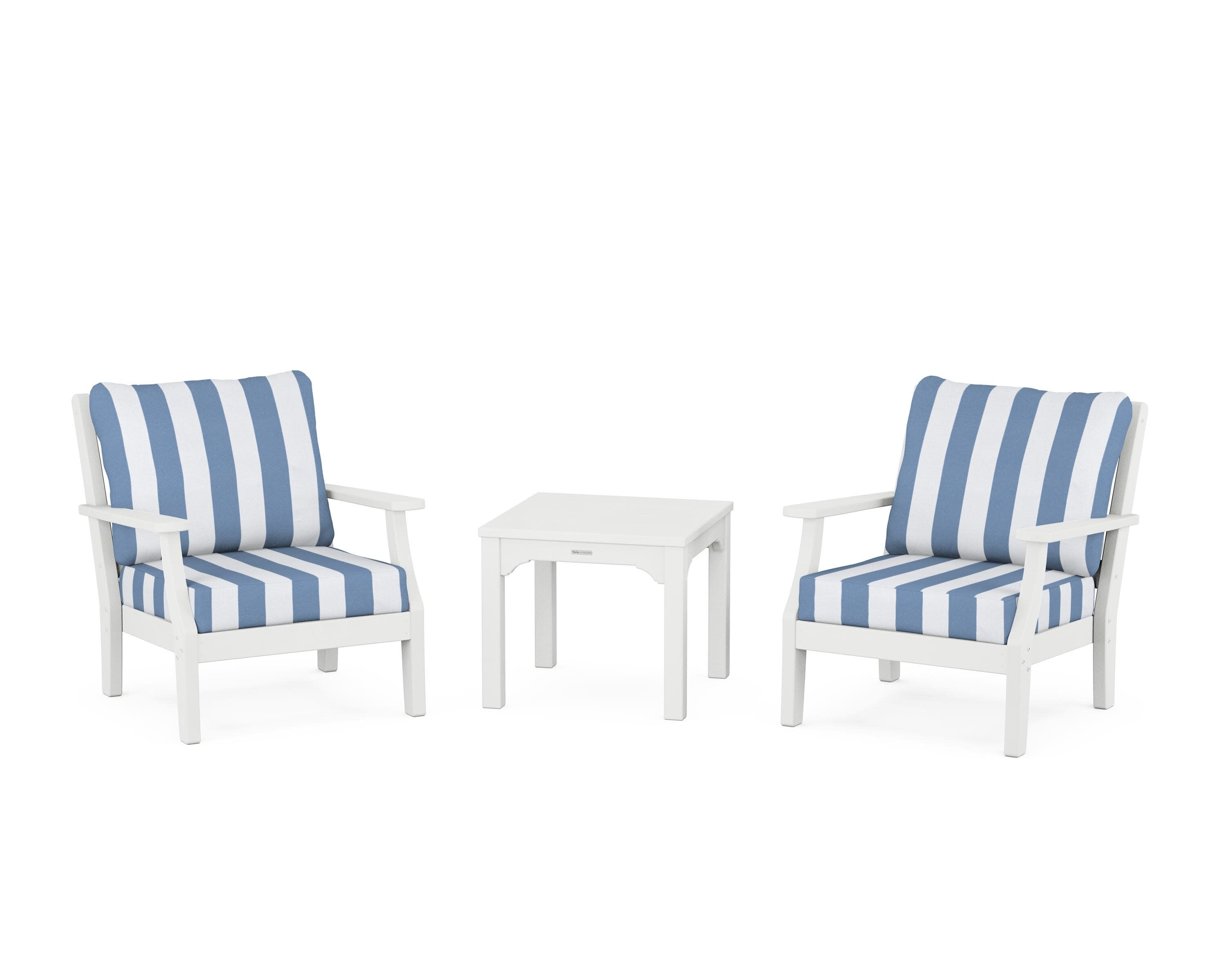Chinoiserie 3-Piece Deep Seating Set in White / Cabana Stripe Sky Blue
