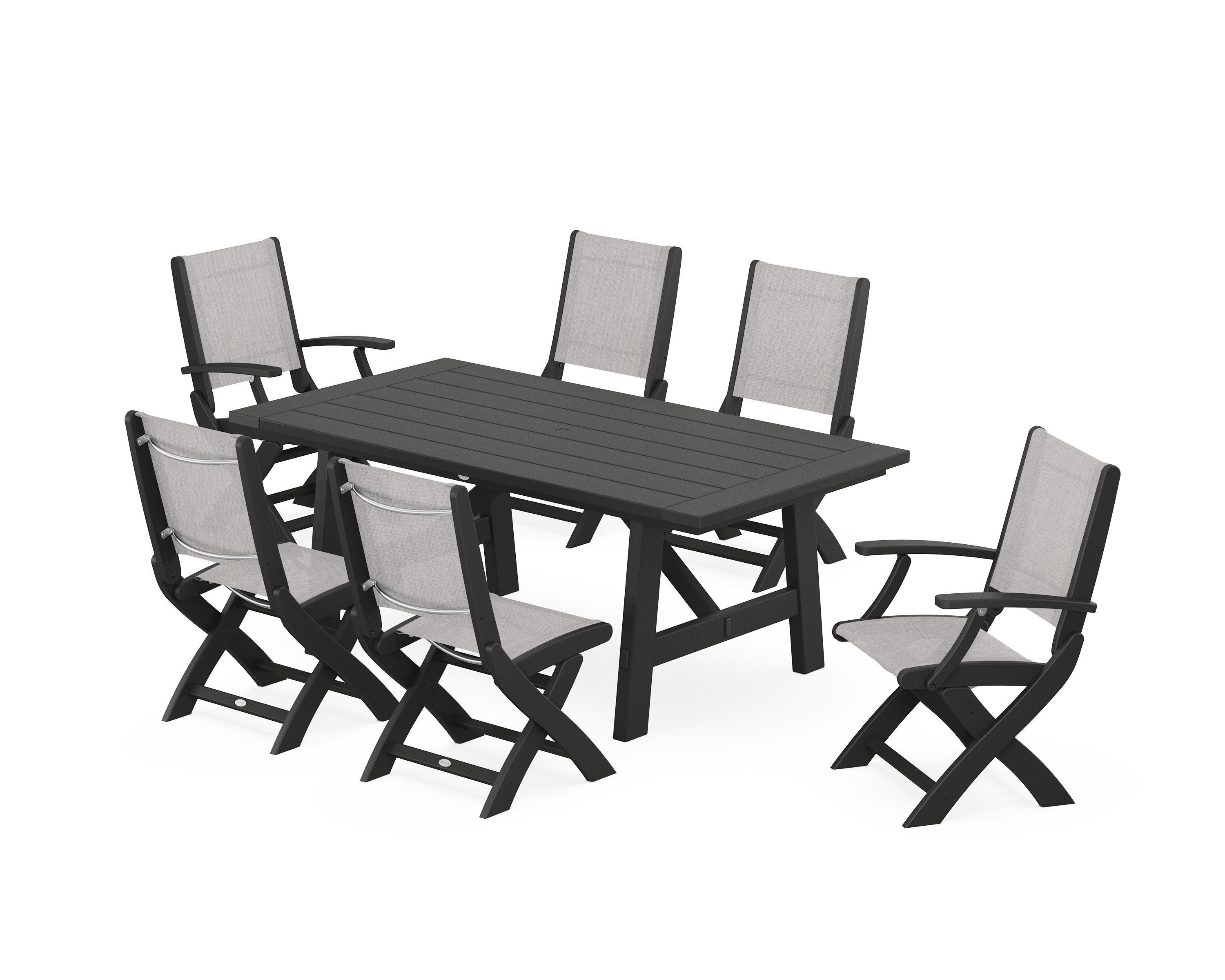 Coastal Folding Chair 7-Piece Rustic Farmhouse Dining Set in Black / Parchment Sling