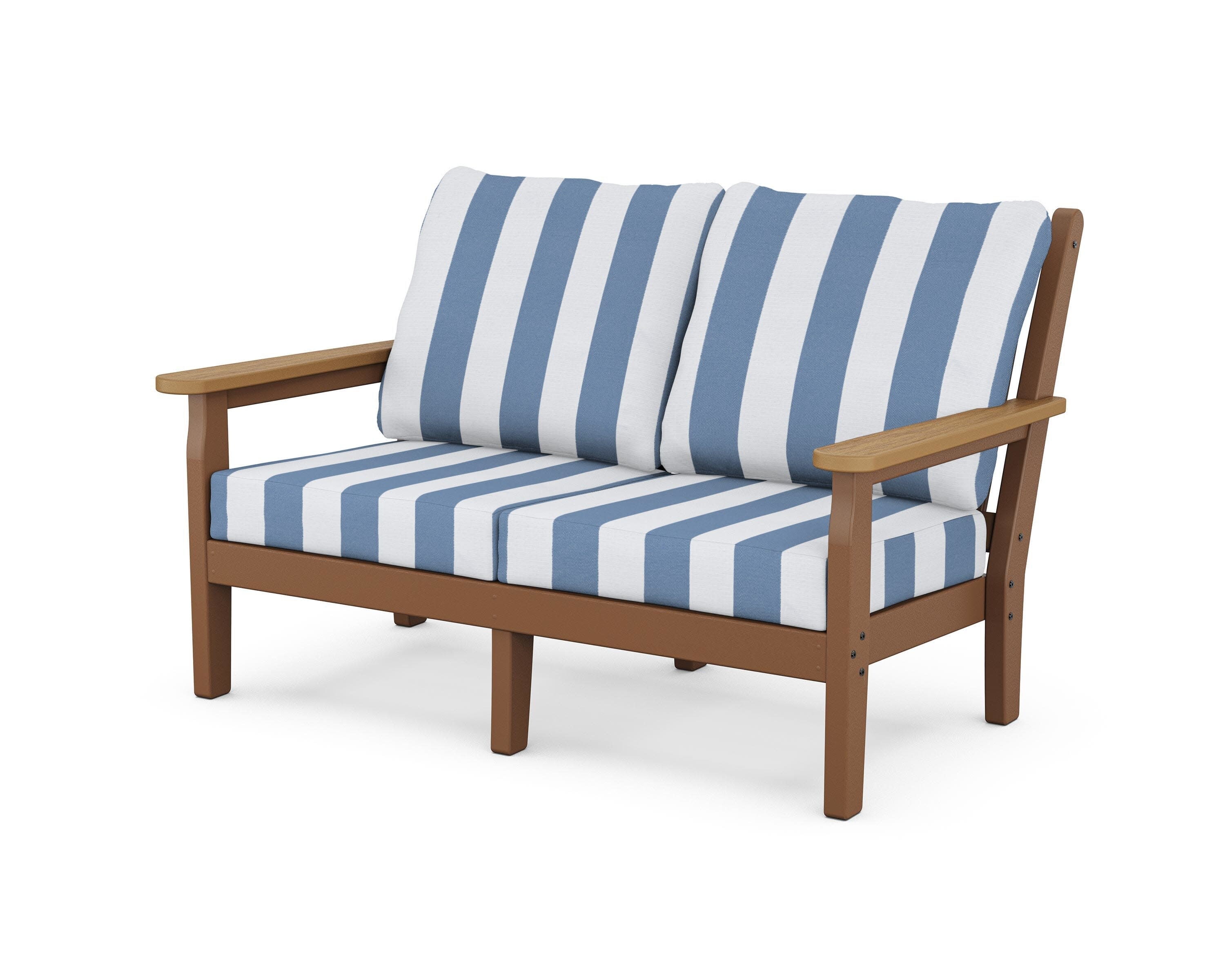 Chippendale Deep Seating Loveseat in Teak / Natural / Cabana Stripe Sky Blue