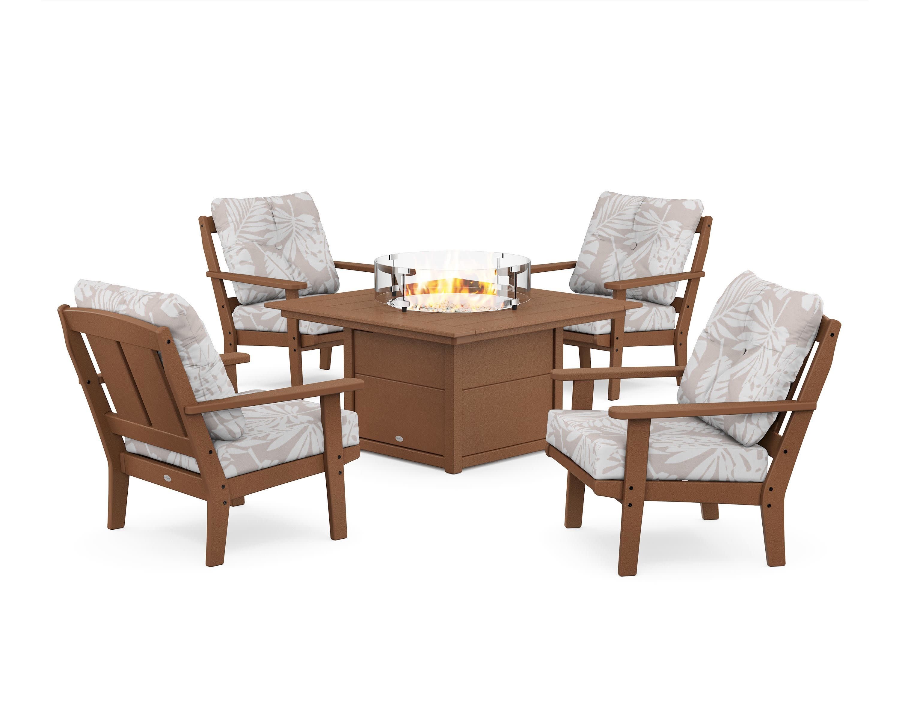 Mission 5-Piece Deep Seating Set with Fire Pit Table in Teak / Leaf Dune Burlap