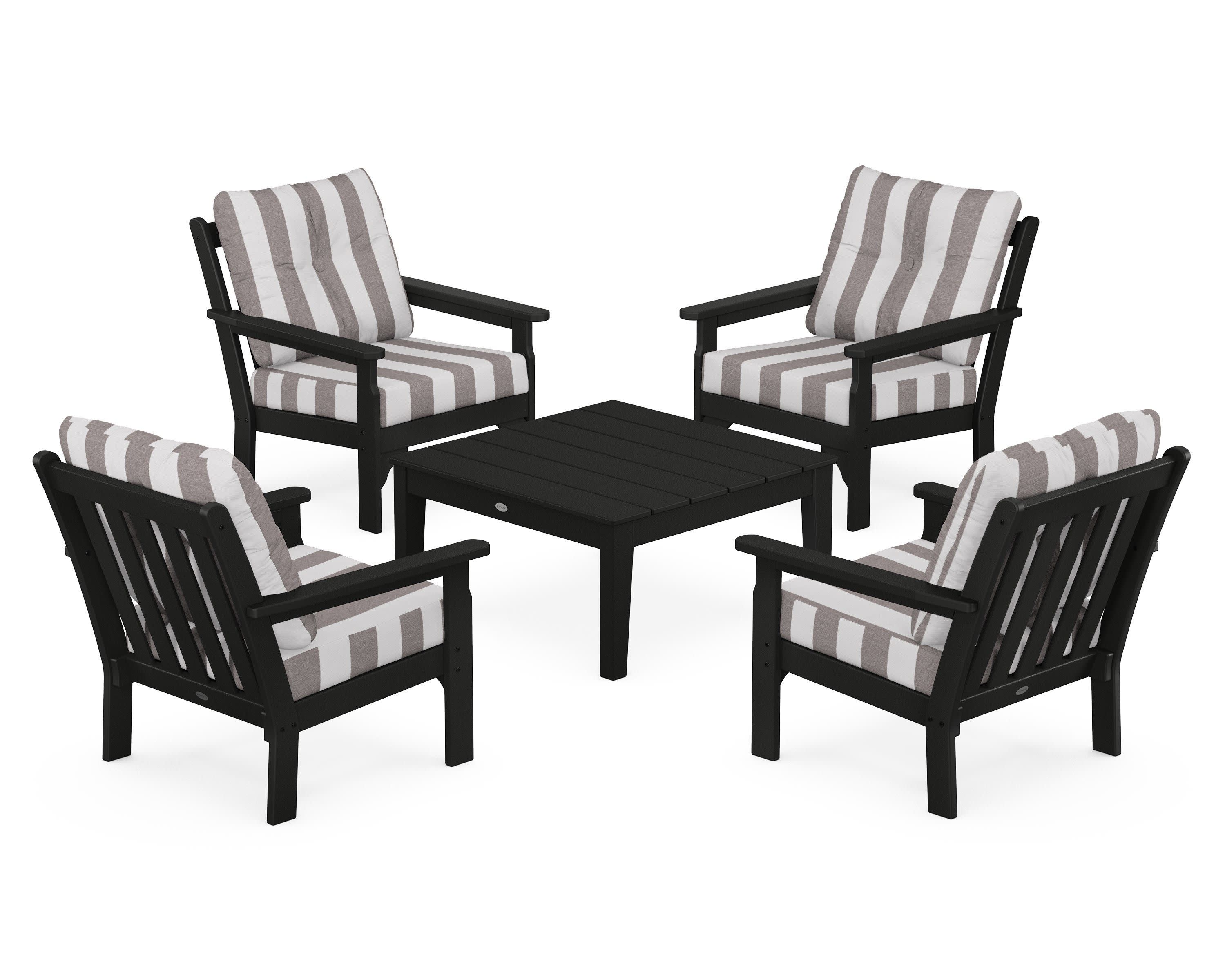 Vineyard 5-Piece Deep Seating Conversation Set in Black / Cabana Stripe Grey Mist