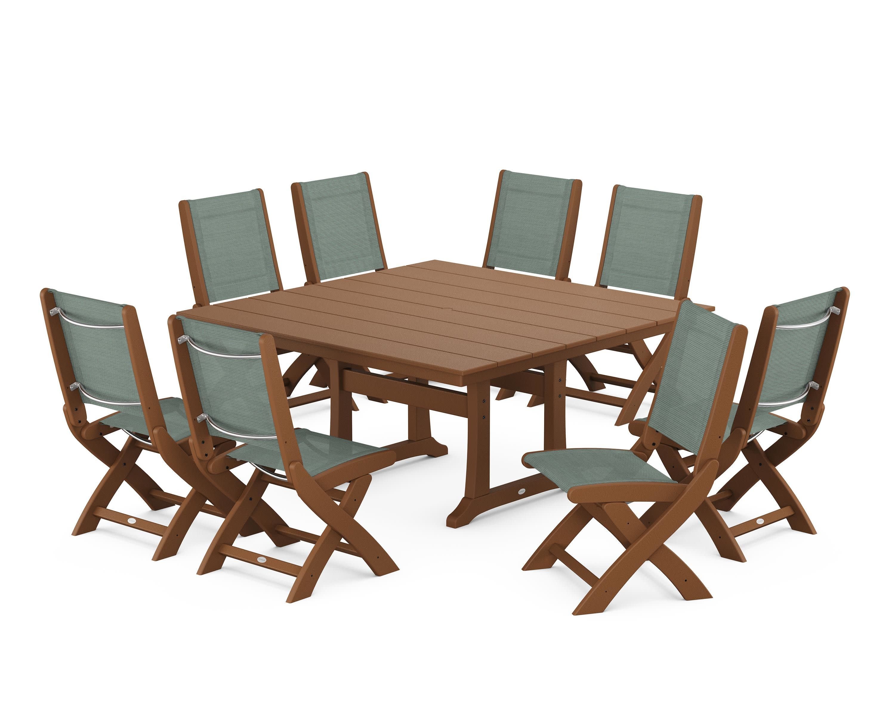 Coastal Folding Side Chair 9-Piece Farmhouse Dining Set in Teak / Dupioni Sea Mist Sling
