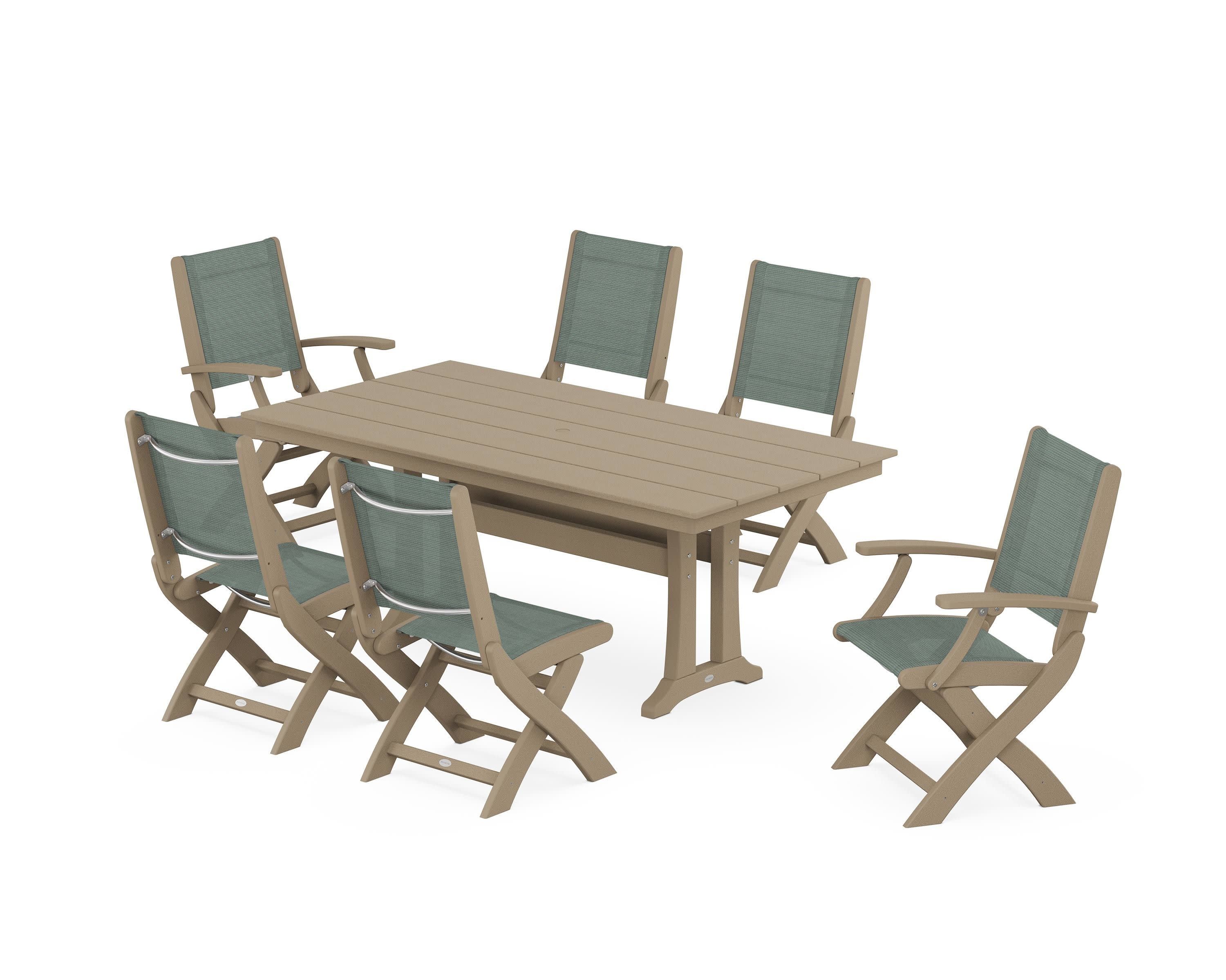 Coastal Folding Chair 7-Piece Farmhouse Dining Set with Trestle Legs in Vintage Sahara / Dupioni Sea Mist Sling
