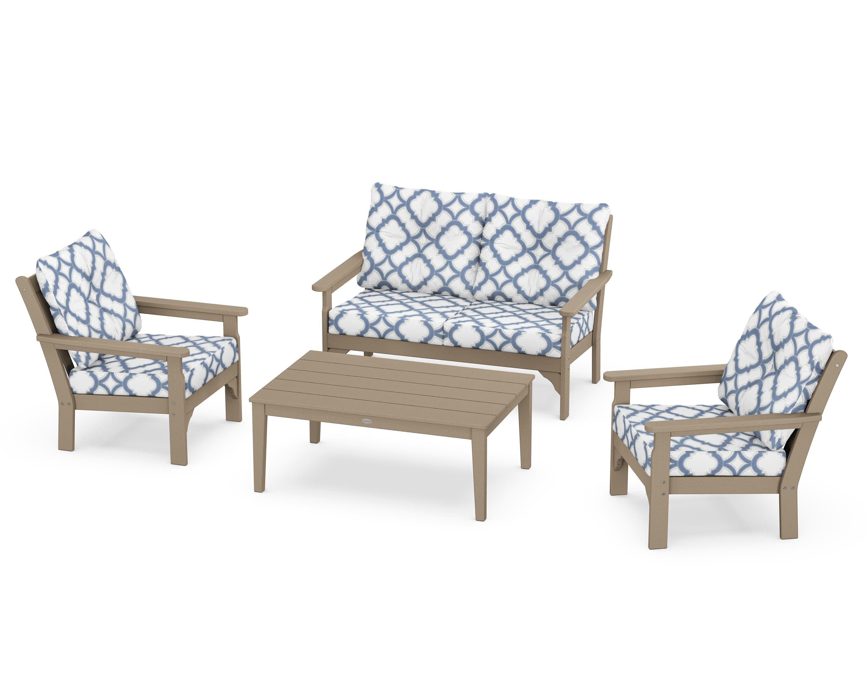 Vineyard 4-Piece Deep Seating Set in Vintage Sahara / Trellis Sky Blue