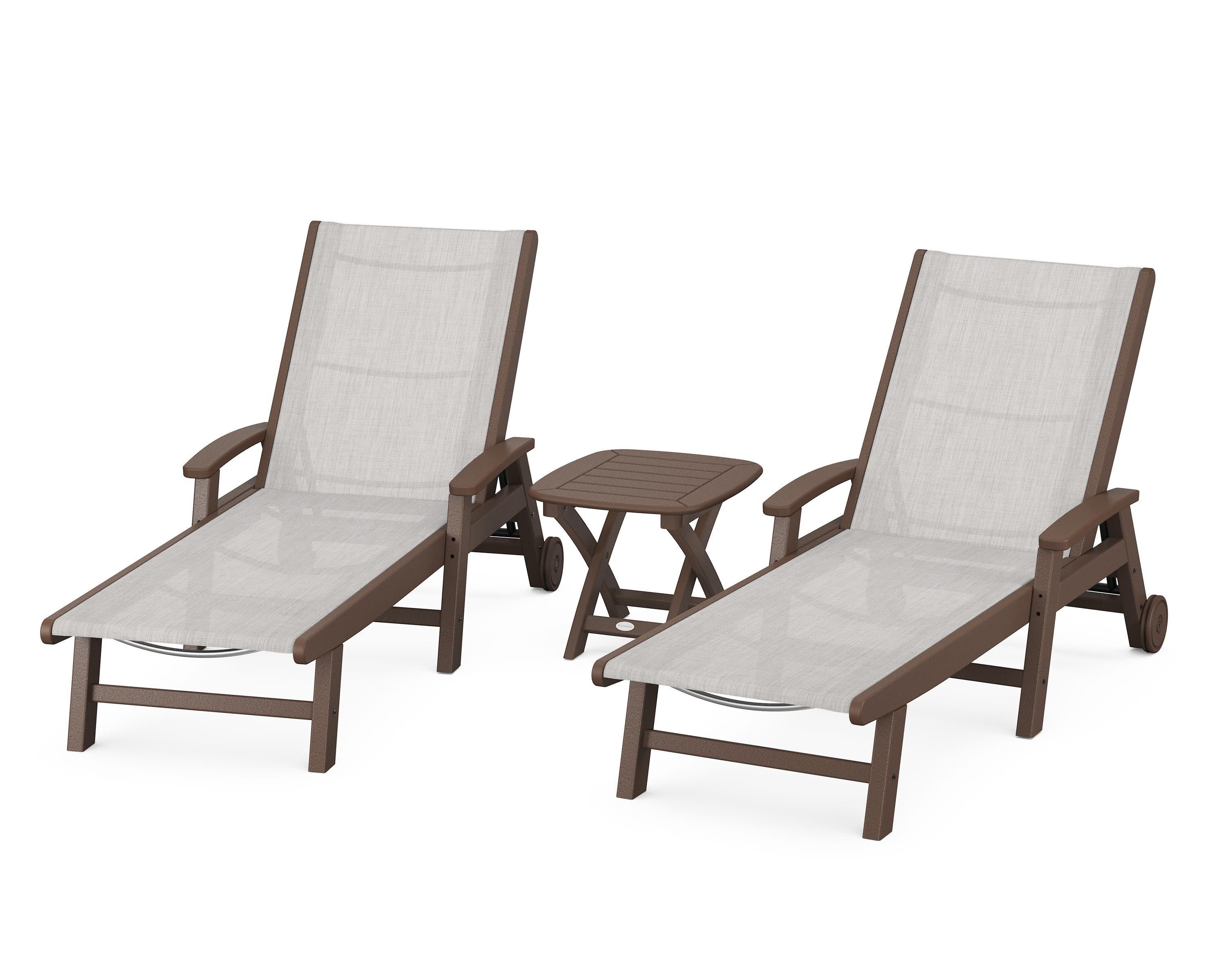 Coastal 3-Piece Wheeled Chaise Set in Mahogany / Parchment Sling